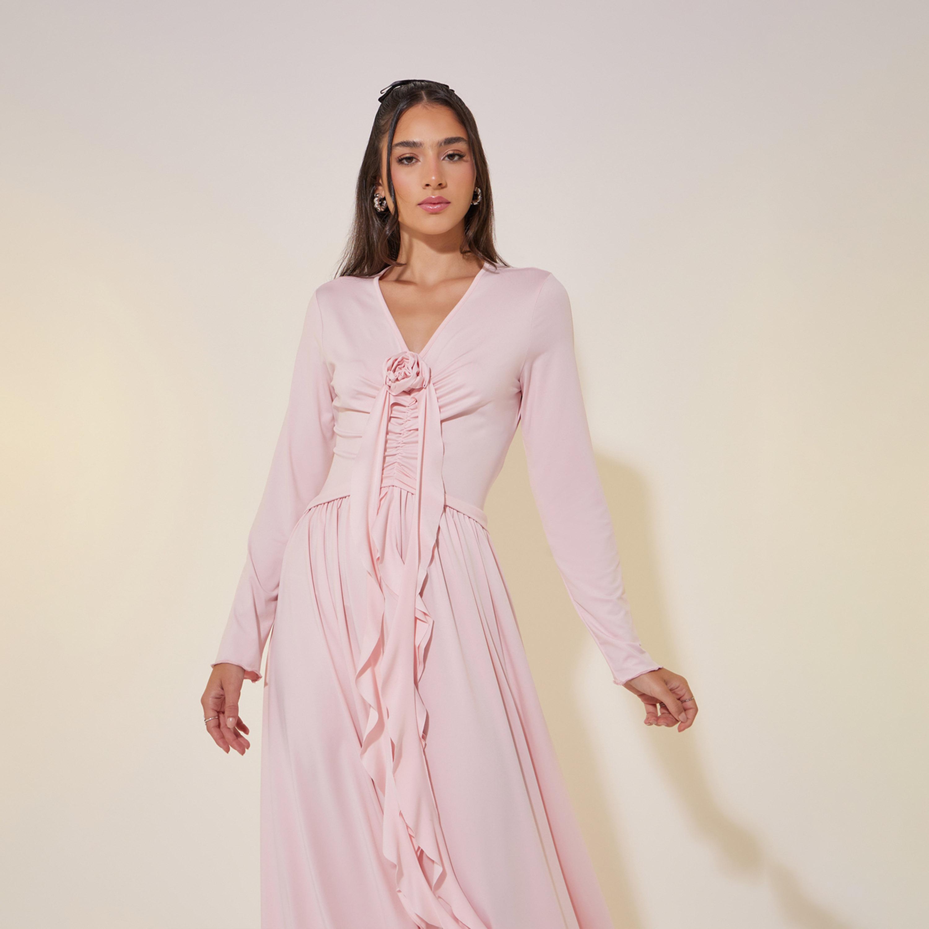 Take Two Solid Ruffled Hem V-Neck Maxi Dress-women-clothing-dresses-image-3