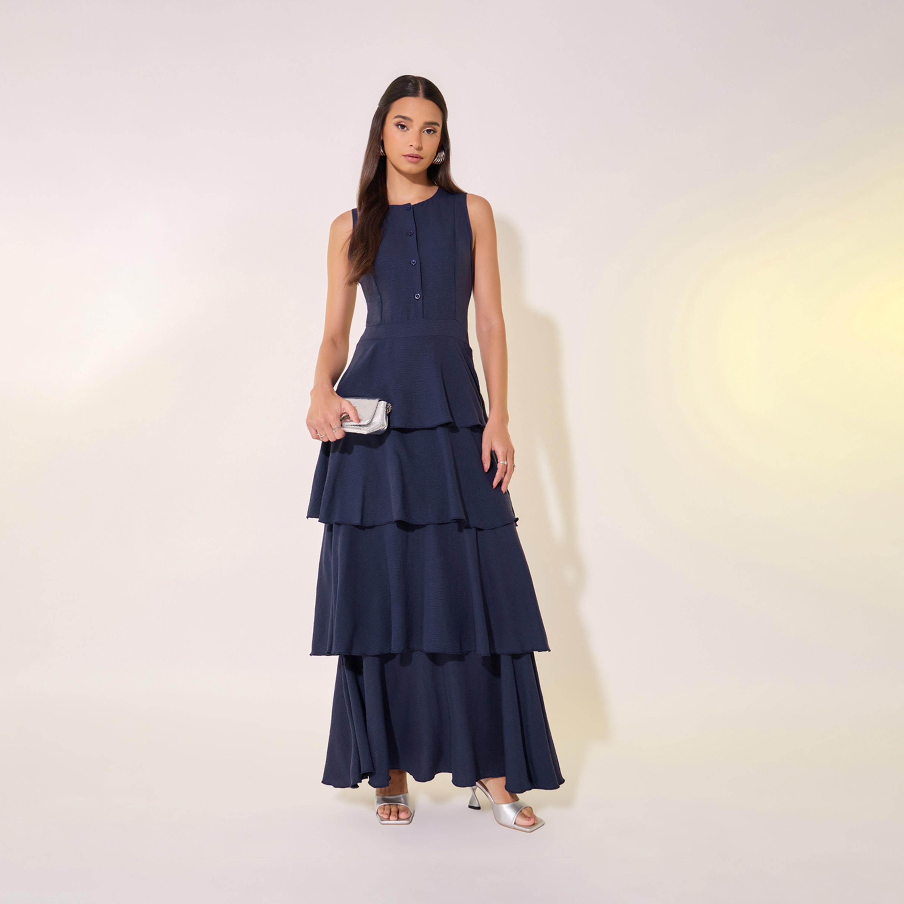 Take Two Solid Sleeveless Tiered Maxi Dress with Button Detail-women-clothing-dresses-image-1