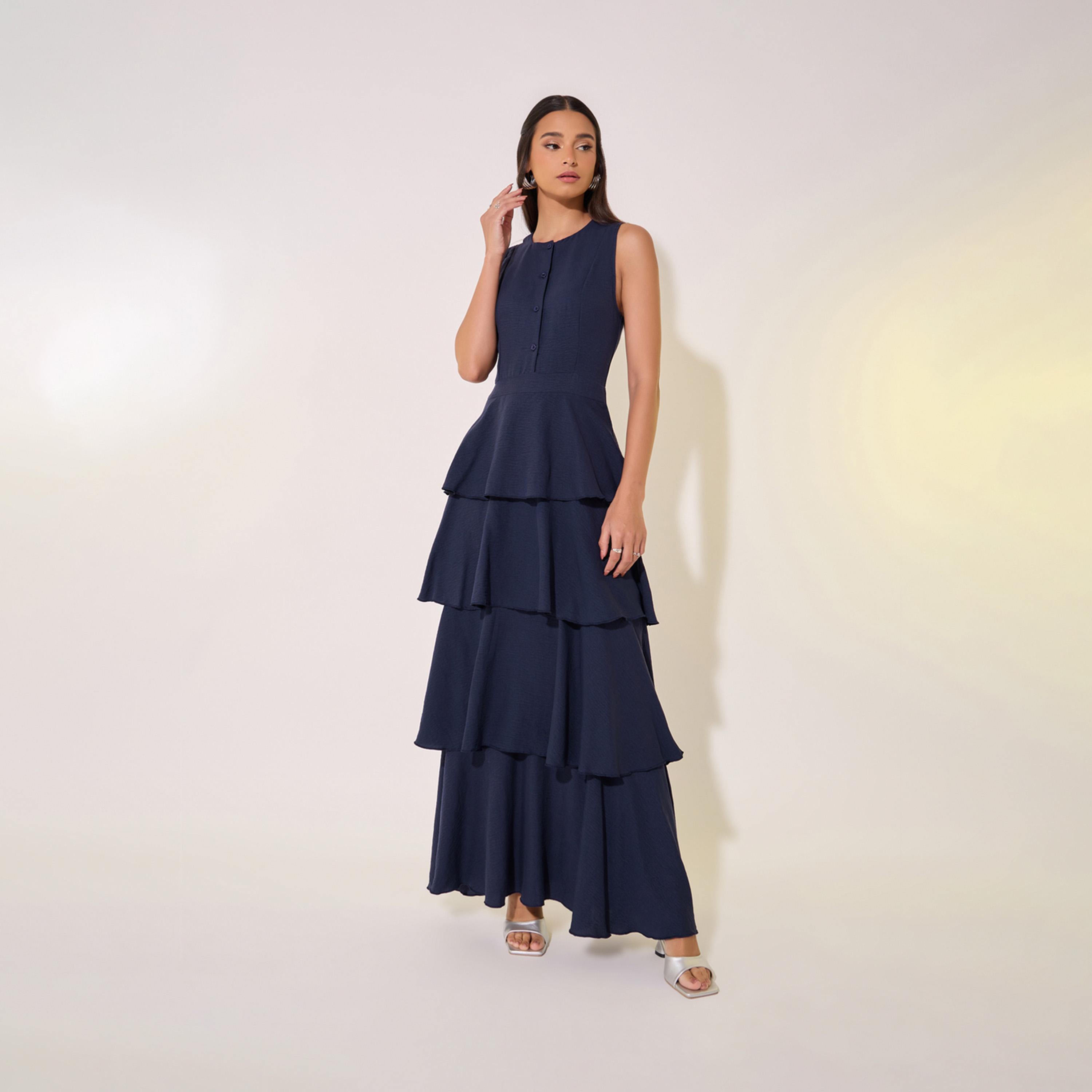 Take Two Solid Sleeveless Tiered Maxi Dress with Button Detail-women-clothing-dresses-image-2