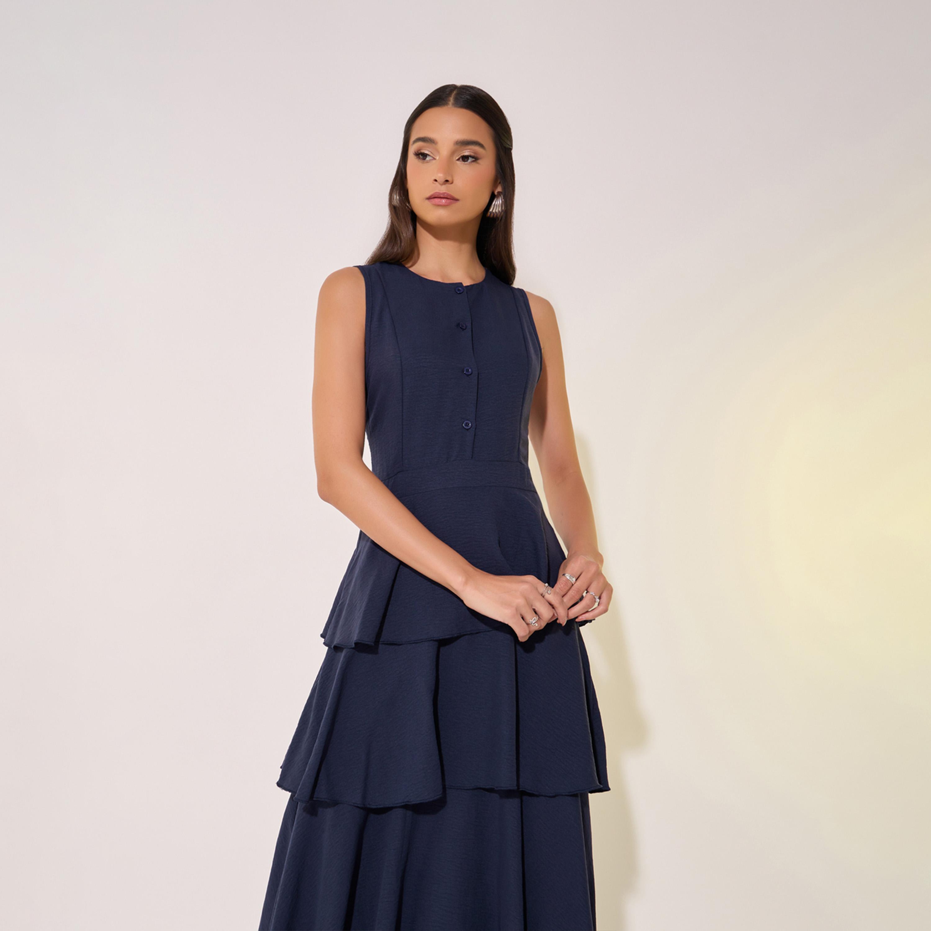 Take Two Solid Sleeveless Tiered Maxi Dress with Button Detail-women-clothing-dresses-image-3