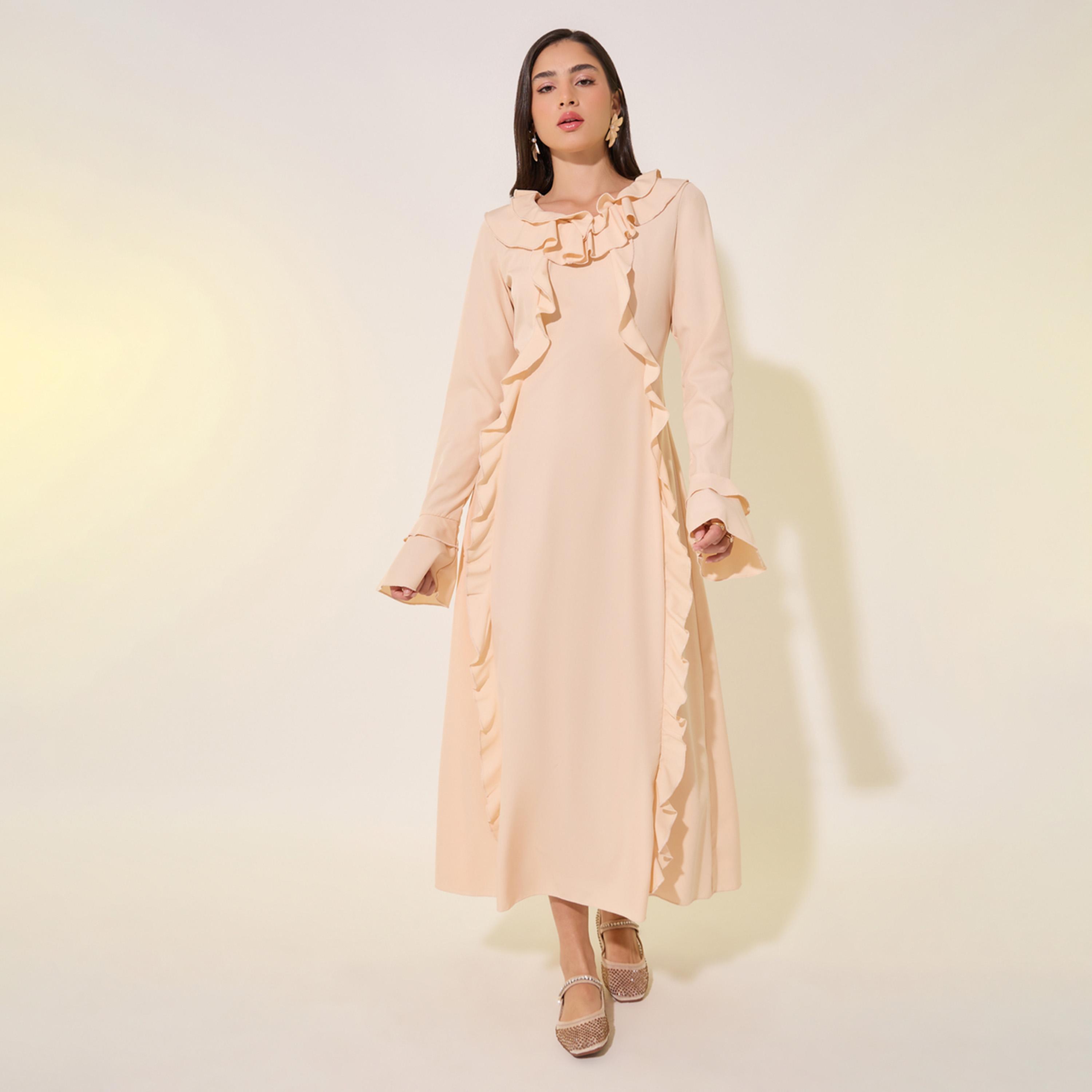 فستان ميدي سادة بتفاصيل كشكش-women-clothing-dresses-image-1