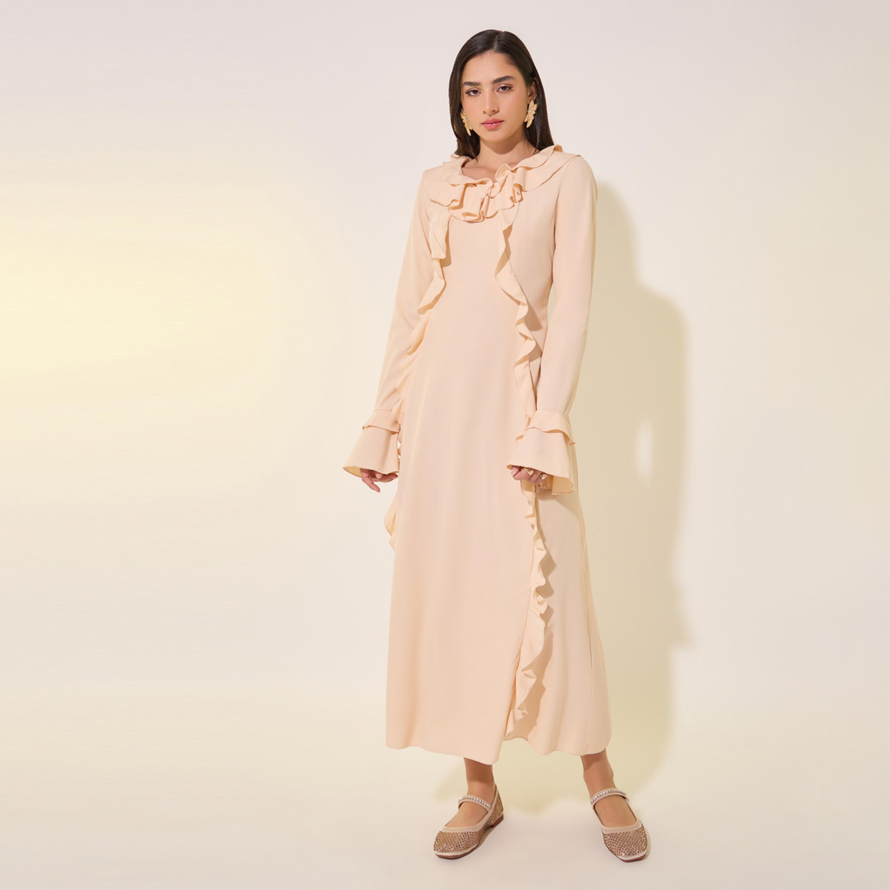 Take Two Solid Ruffle Detail A-Line Midi Dress-women-clothing-dresses-image-2