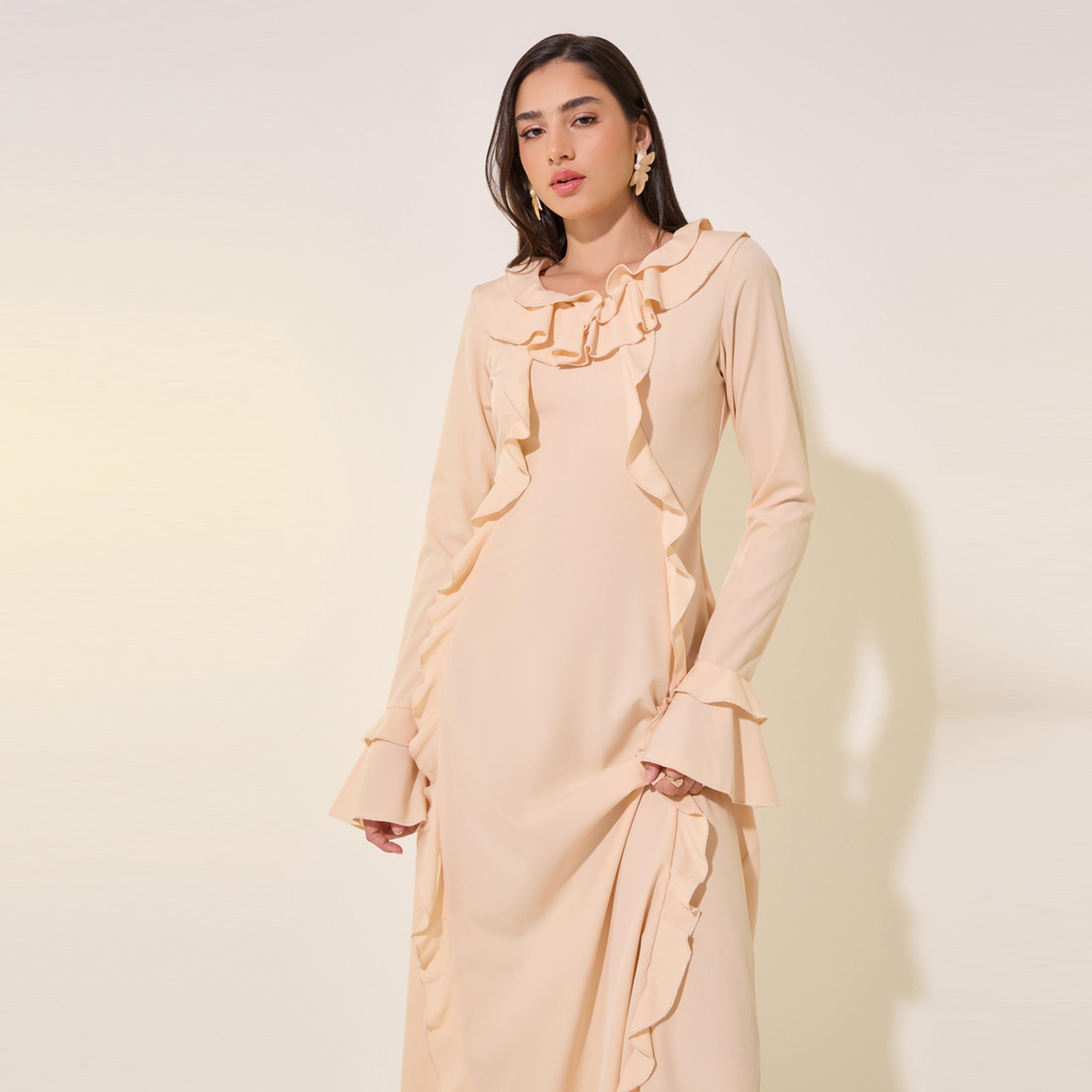فستان ميدي سادة بتفاصيل كشكش-women-clothing-dresses-image-3