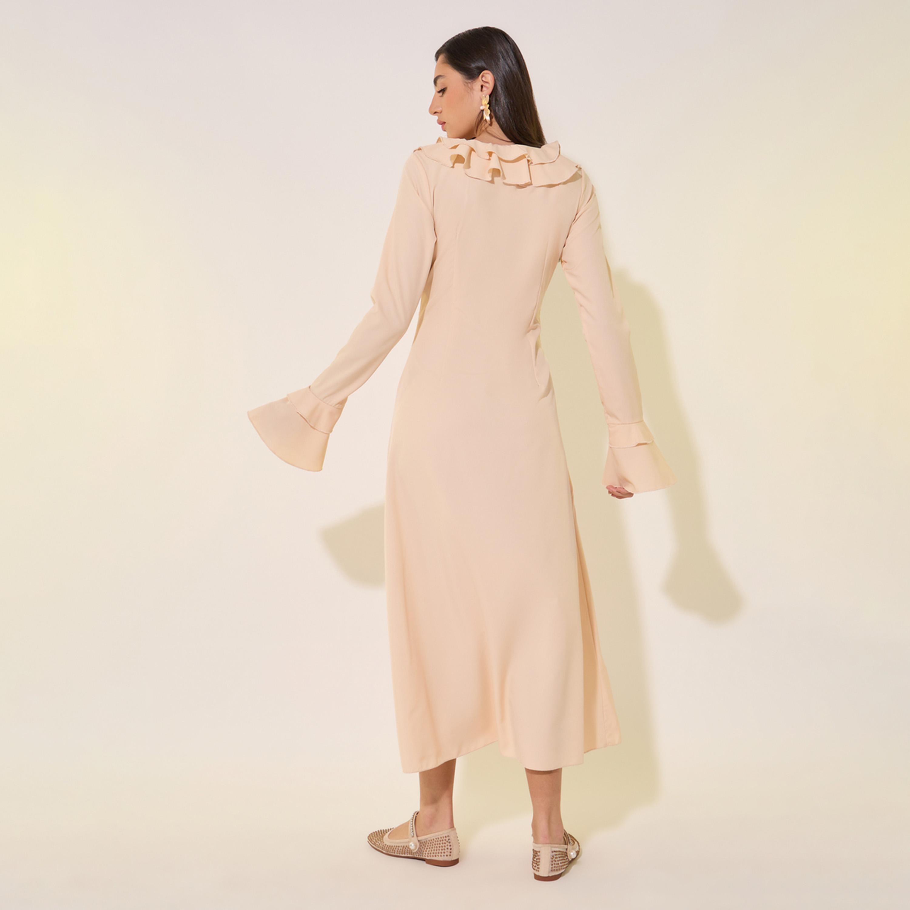 فستان ميدي سادة بتفاصيل كشكش-women-clothing-dresses-image-5