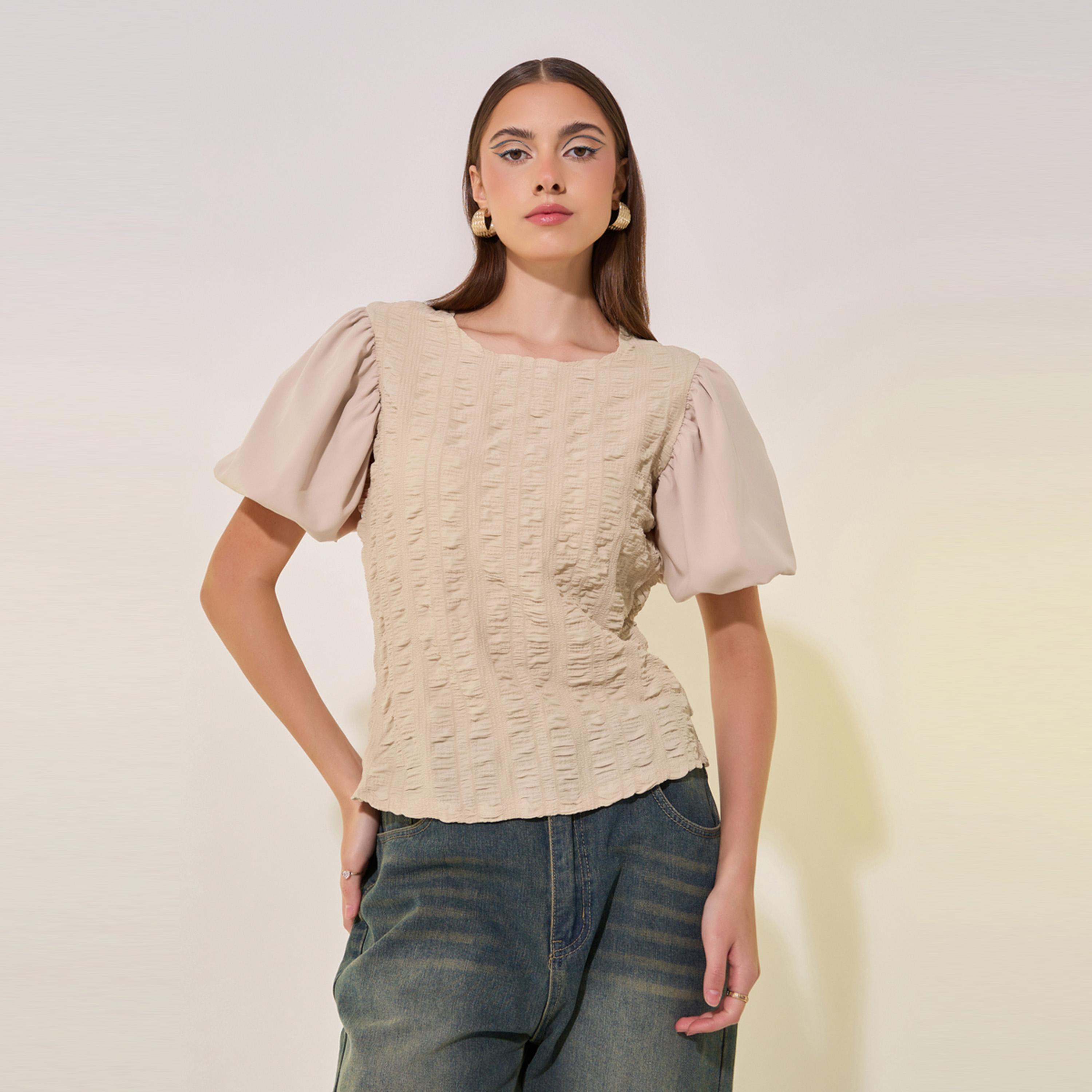 بلوزة بتفاصيل بارزة الملمس وأكمام منفوخة-women-clothing-shirtsandblouses-blouses-image-2