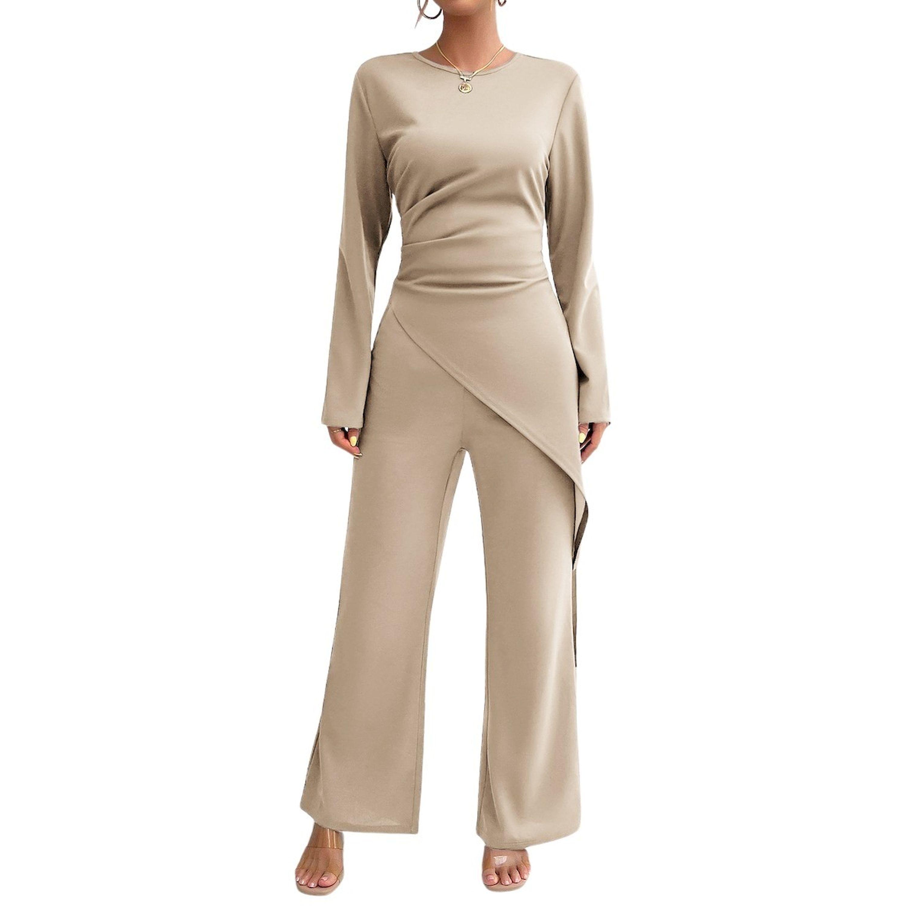 Take Two Solid Asymmetric Hem Long Sleeve Top and Straight Leg Pants Set-women-clothing-coordsets-image-1