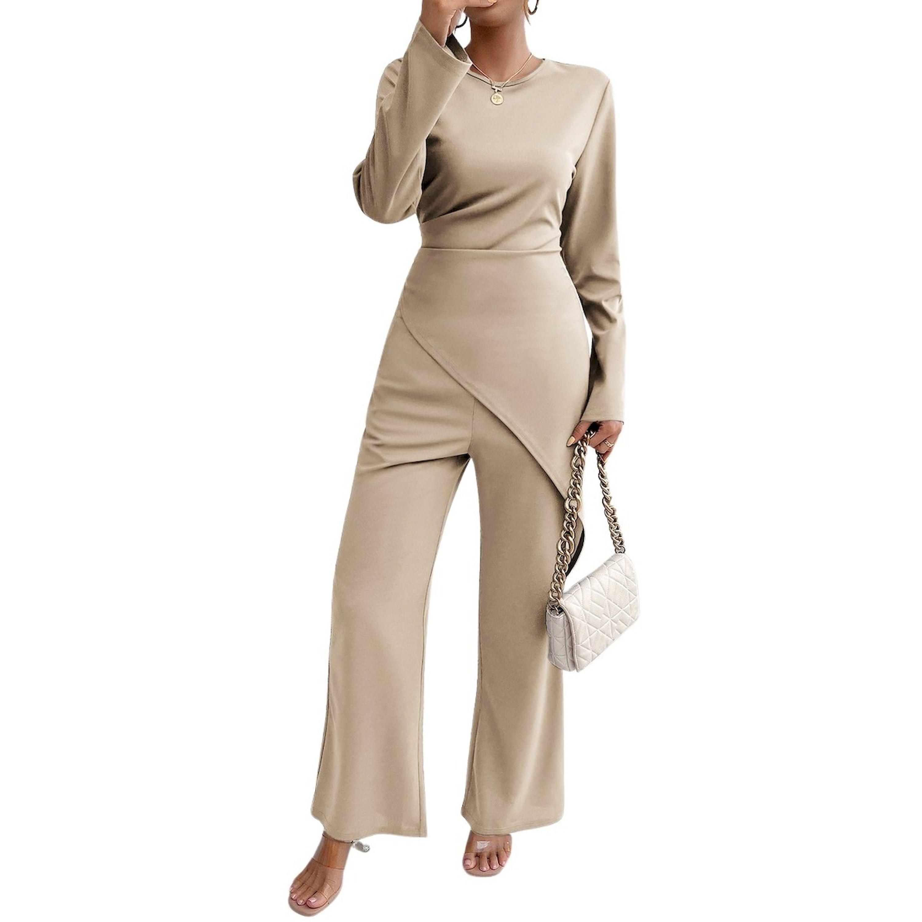 Take Two Solid Asymmetric Hem Long Sleeve Top and Straight Leg Pants Set-women-clothing-coordsets-image-4