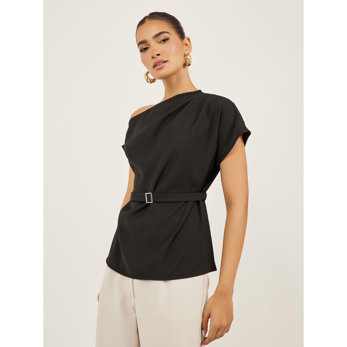 Styli Asymmetric Neck Short Sleeves Belted Top-women-clothing-shirtsandblouses-blouses-image-1