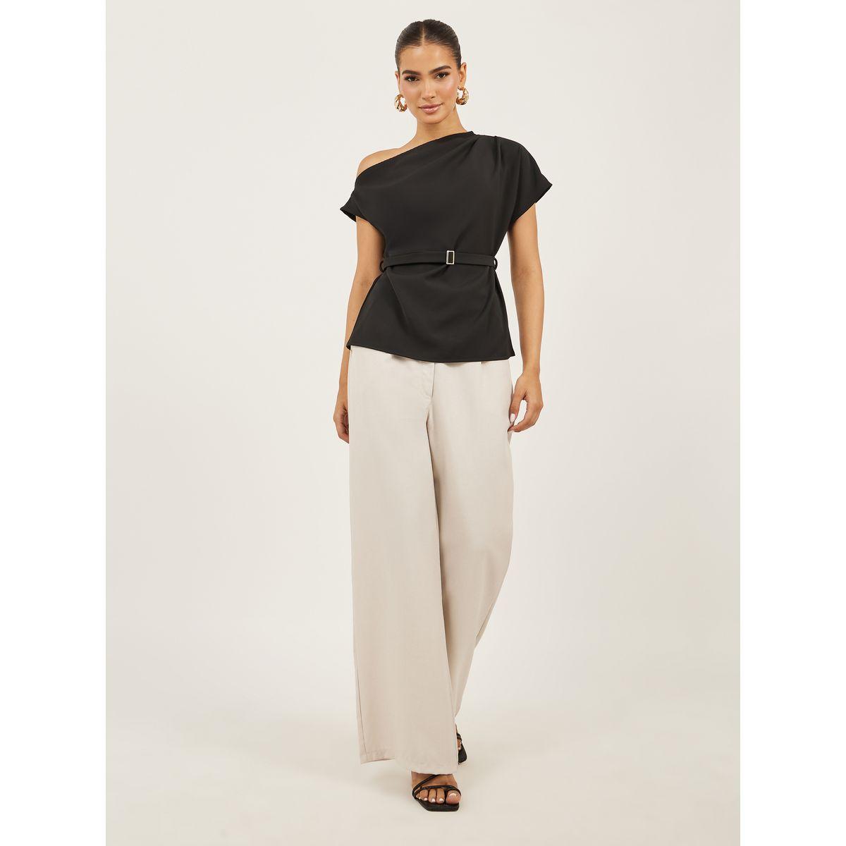 Styli Asymmetric Neck Short Sleeves Belted Top-women-clothing-shirtsandblouses-blouses-image-2
