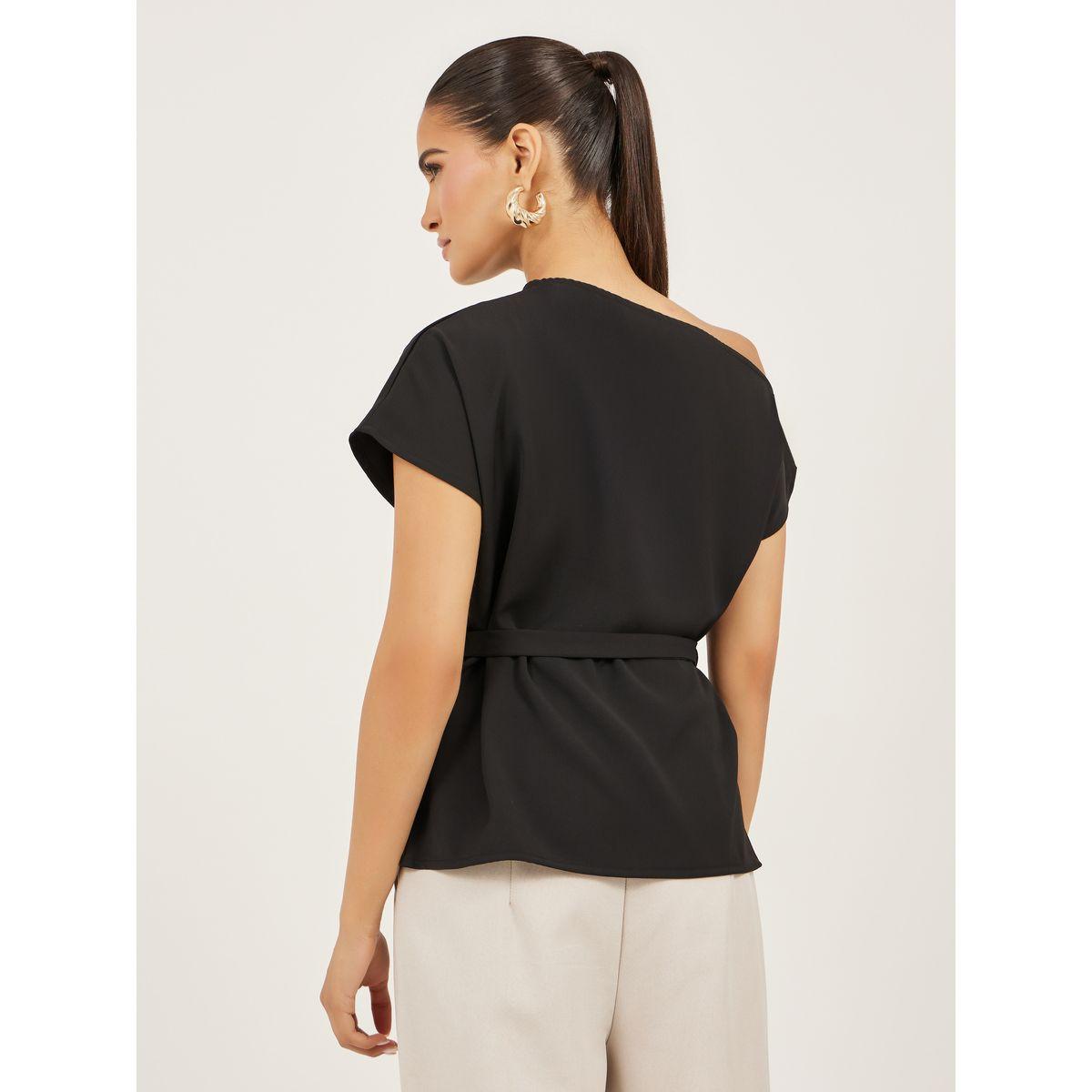 Styli Asymmetric Neck Short Sleeves Belted Top-women-clothing-shirtsandblouses-blouses-image-4