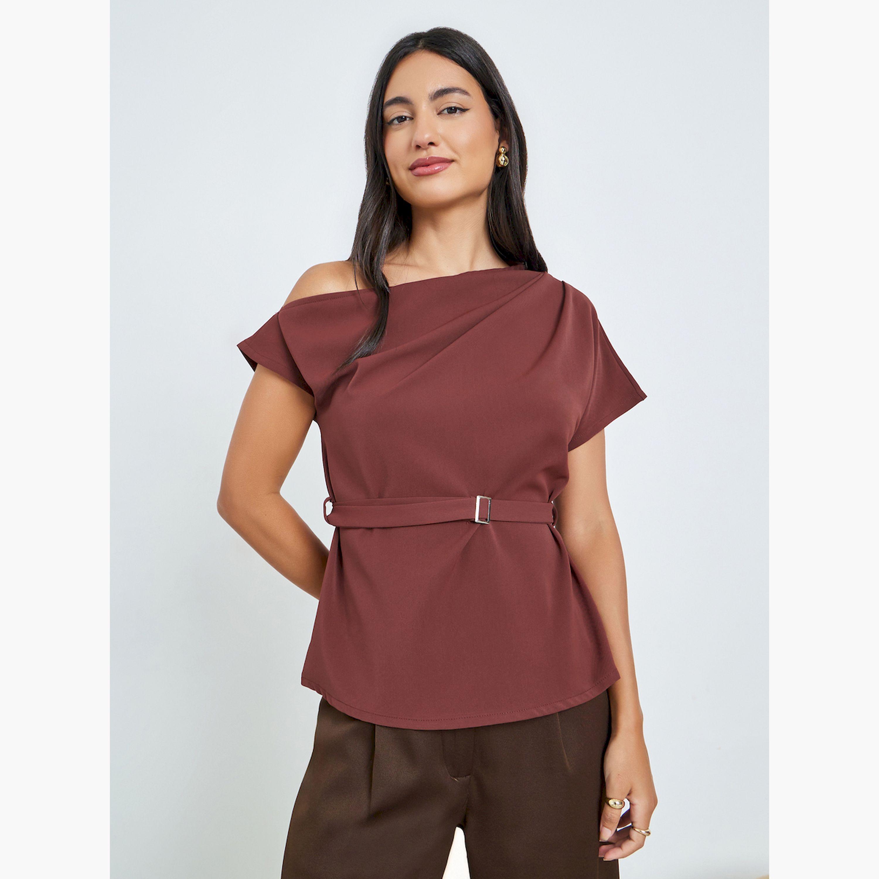 Styli Brown One-Shoulder Blouse with Belt Detail-women-clothing-shirtsandblouses-blouses-image-1