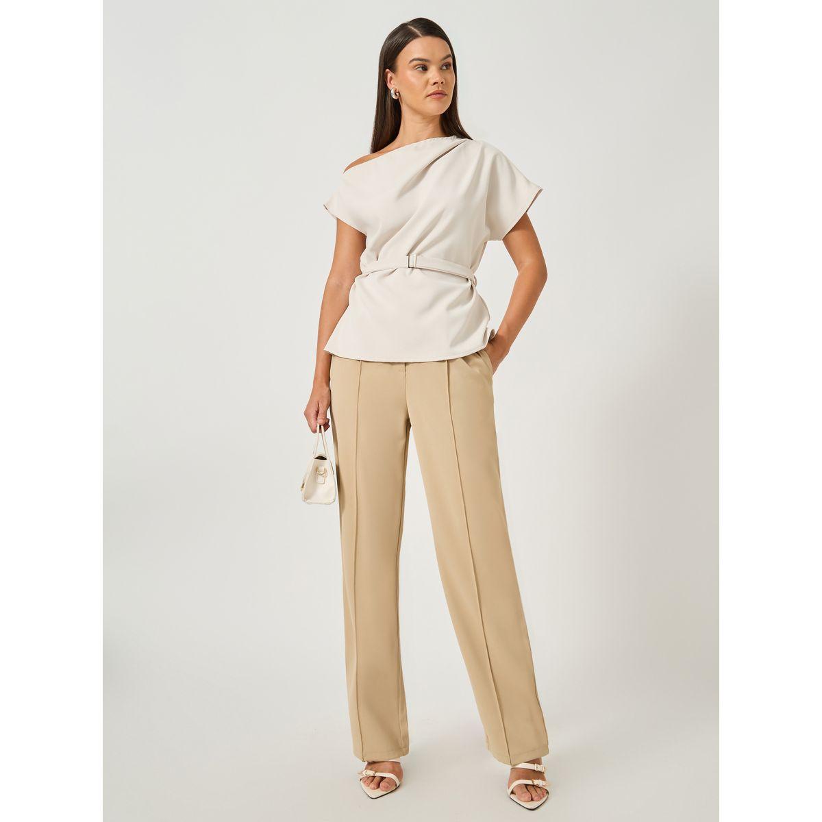 Styli Asymmetric Neck Short Sleeves Belted Top-women-clothing-shirtsandblouses-blouses-image-2