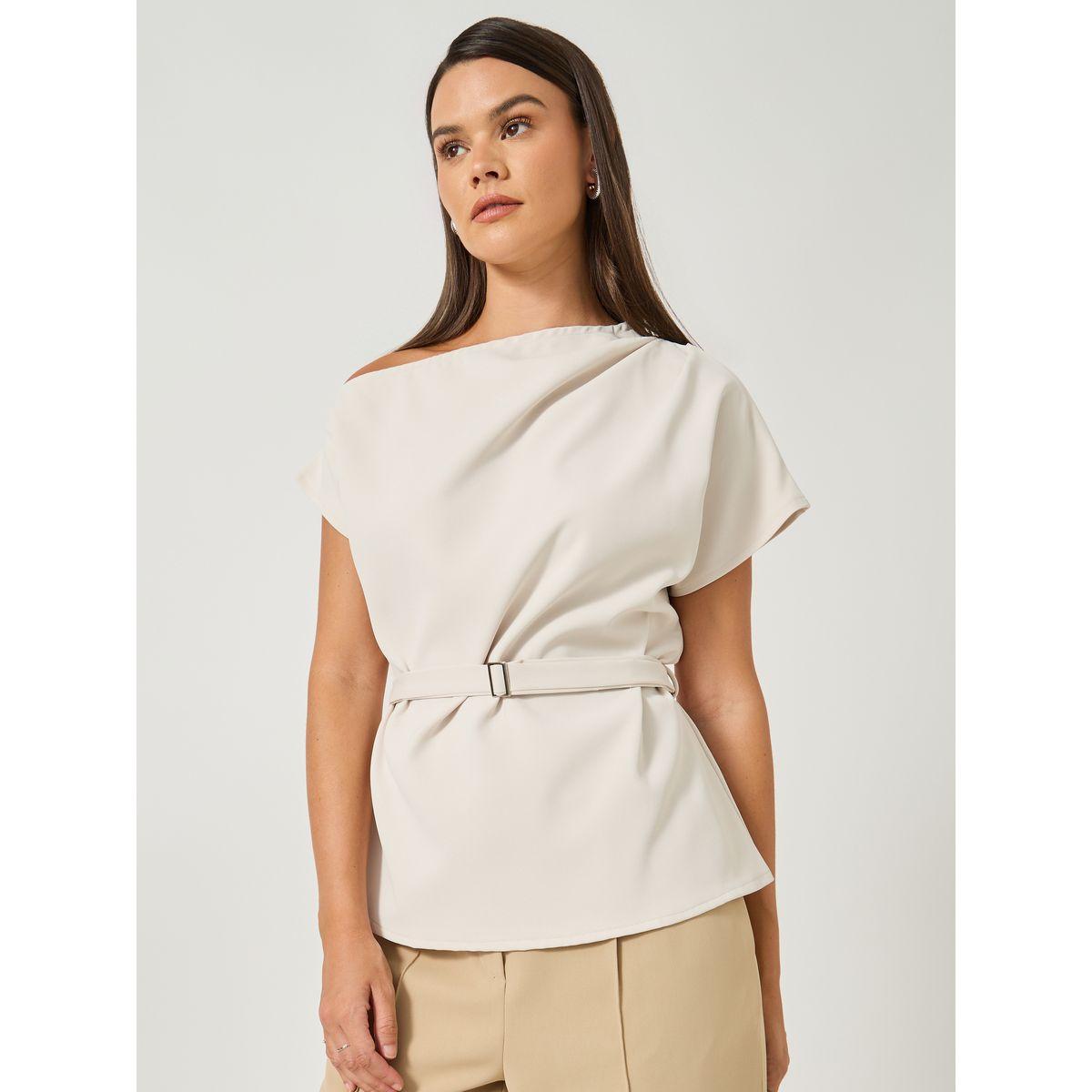 بلوزة بياقة غير متماثلة الطول مع أكمام قصيرة-women-clothing-shirtsandblouses-blouses-image-3