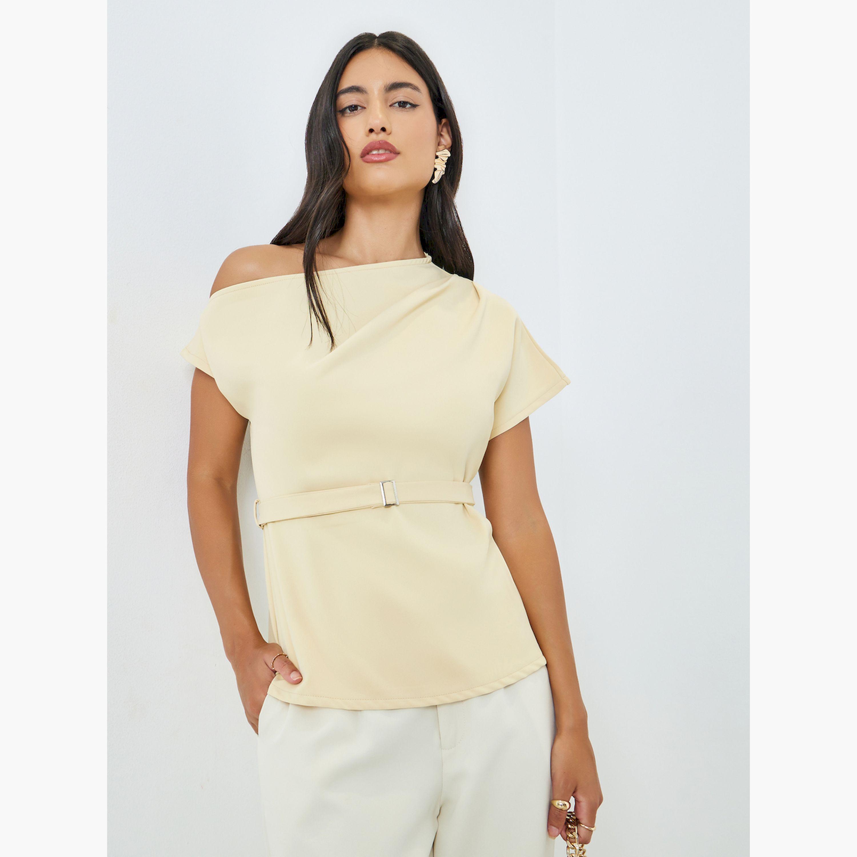 Styli Yellow One-Shoulder Blouse with Belt Detail-women-clothing-shirtsandblouses-blouses-image-1