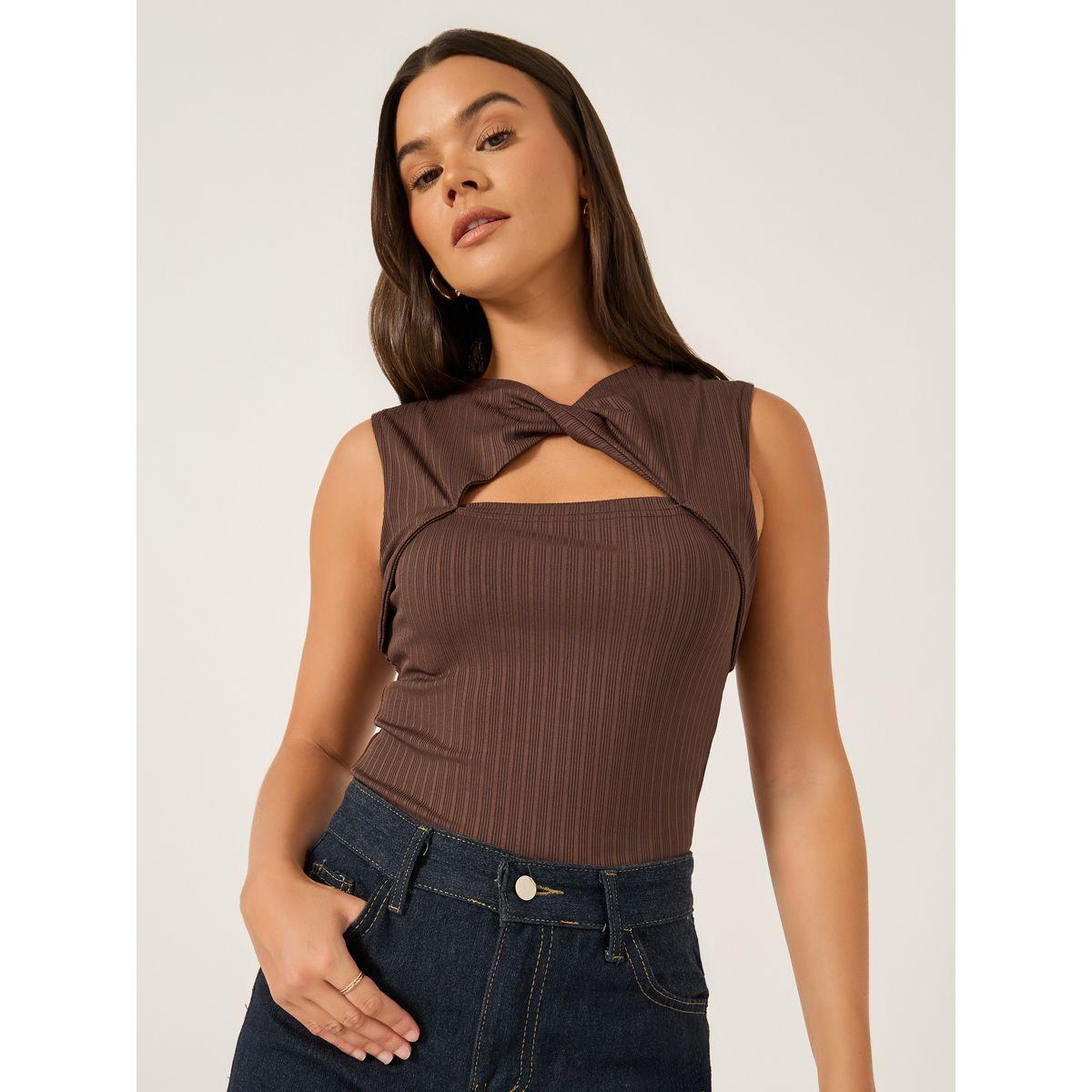 Styli Ribbed Cut Out Detail Sleeveless Top with Twist Front-women-clothing-shirtsandblouses-blouses-image-1