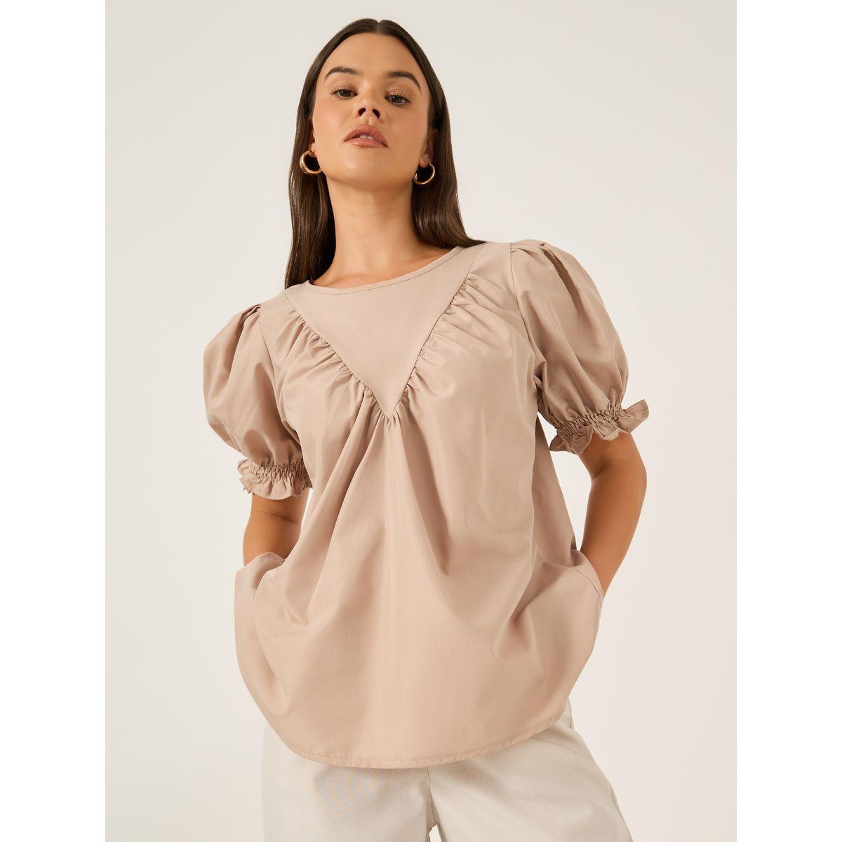 بلوزة سادة بأكمام منفوخة وتفاصيل مكبلة-women-clothing-shirtsandblouses-blouses-image-1