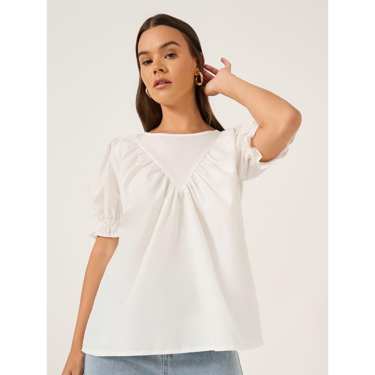 بلوزة سادة بأكمام منفوخة وتفاصيل مكبلة-women-clothing-shirtsandblouses-blouses-image-1