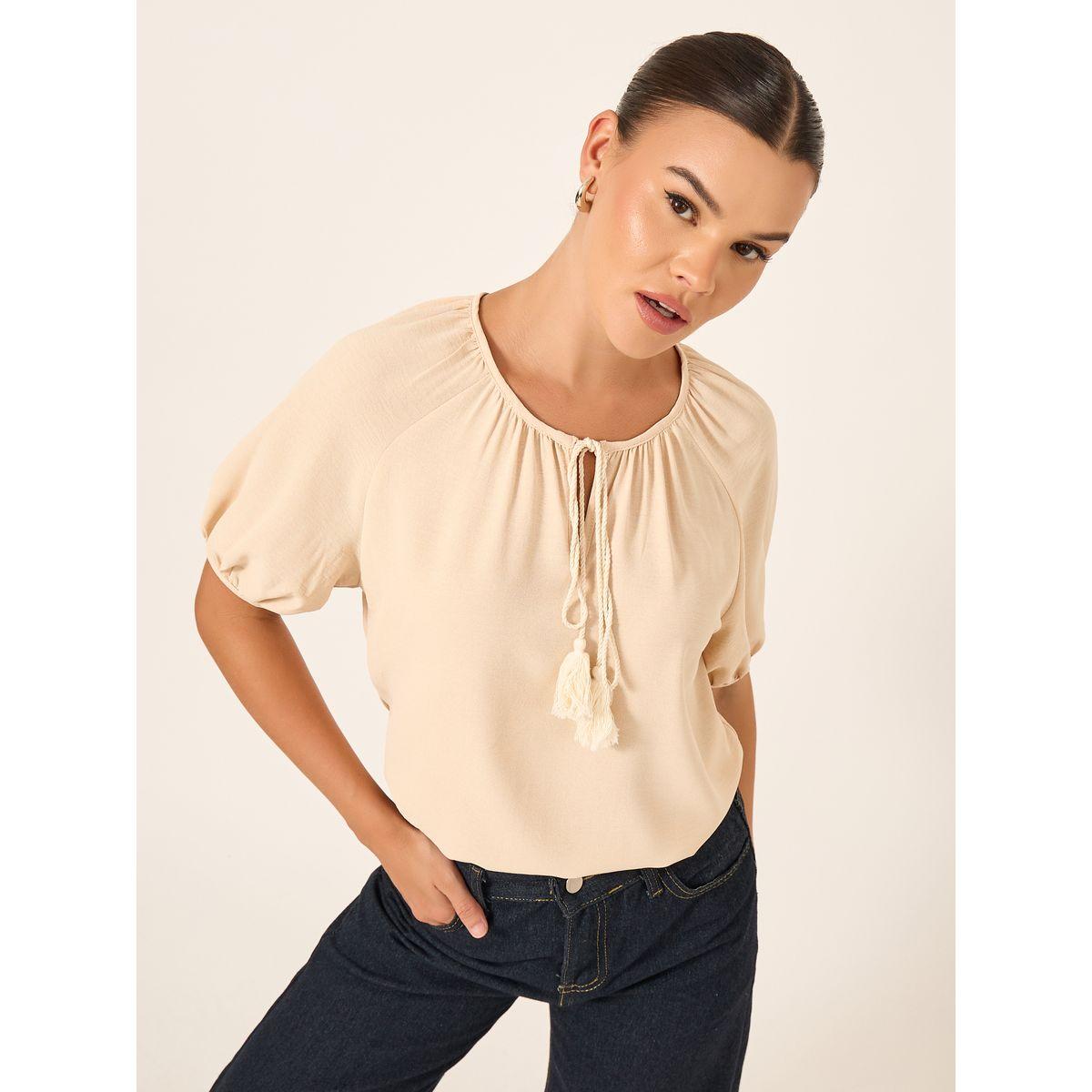بلوزة بأكمام منفوخة وتفاصيل ربطة-women-clothing-shirtsandblouses-blouses-image-1