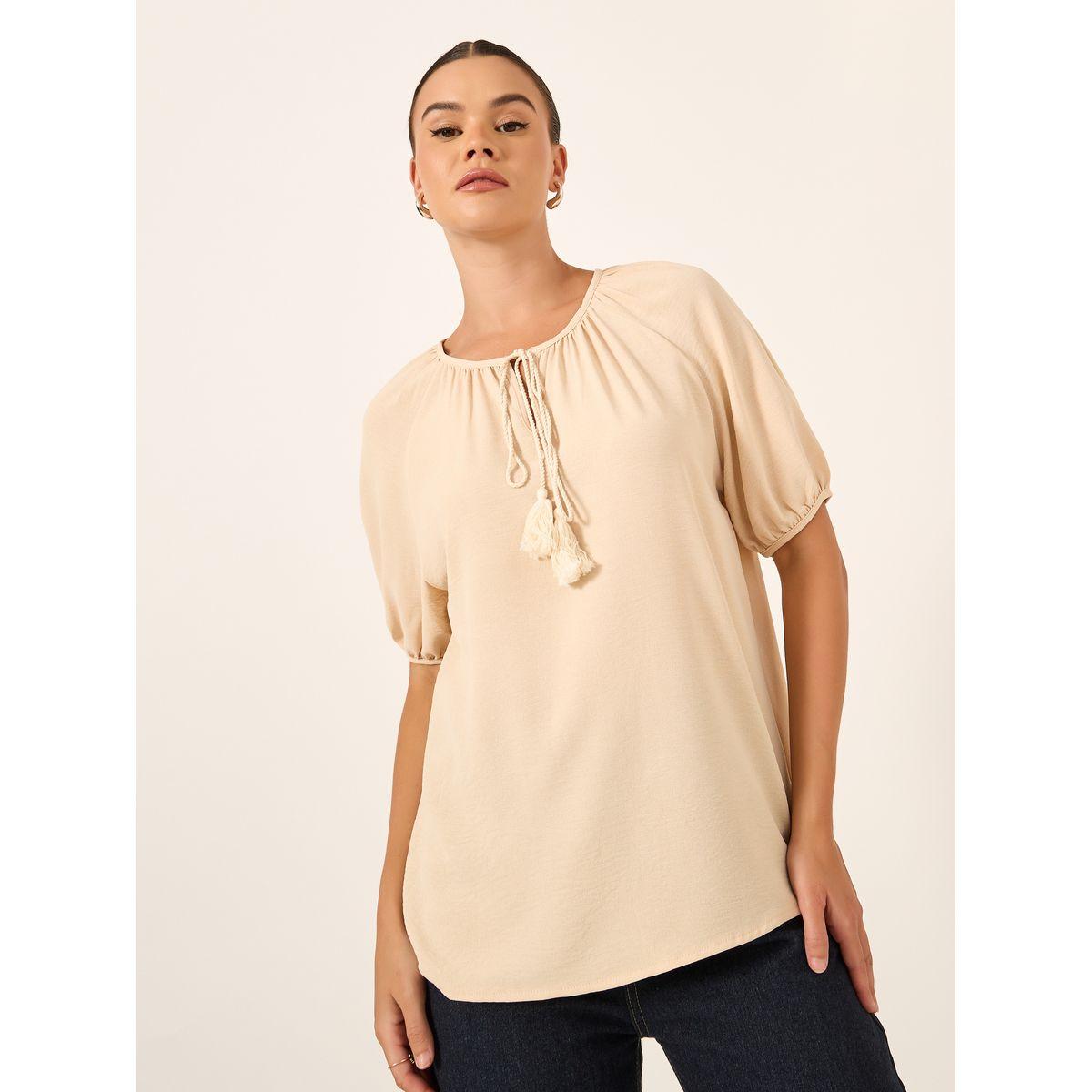 بلوزة بأكمام منفوخة وتفاصيل ربطة-women-clothing-shirtsandblouses-blouses-image-3