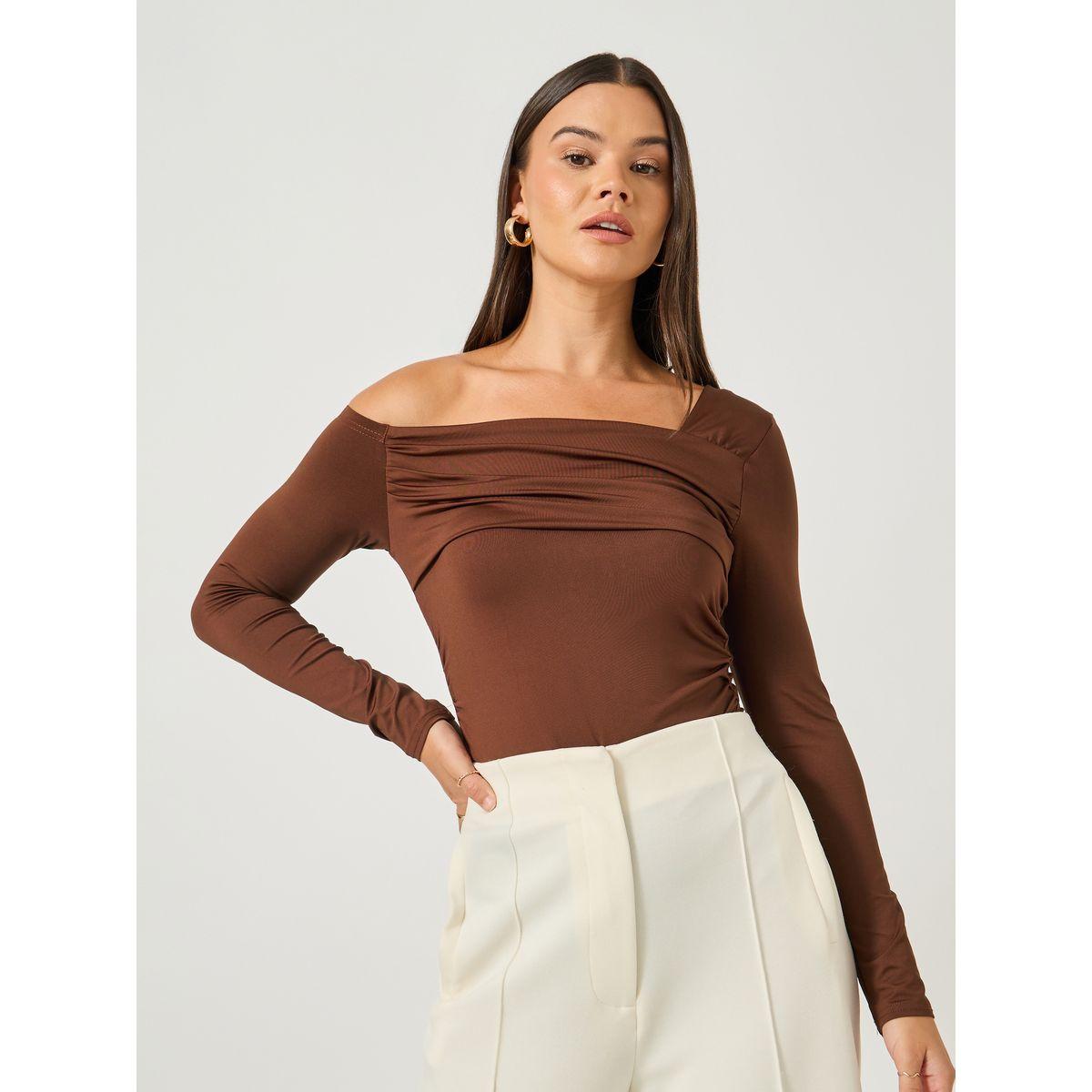 Styli Asymmetric Neck Pleated Detail Bodysuit-women-clothing-shirtsandblouses-blouses-image-3