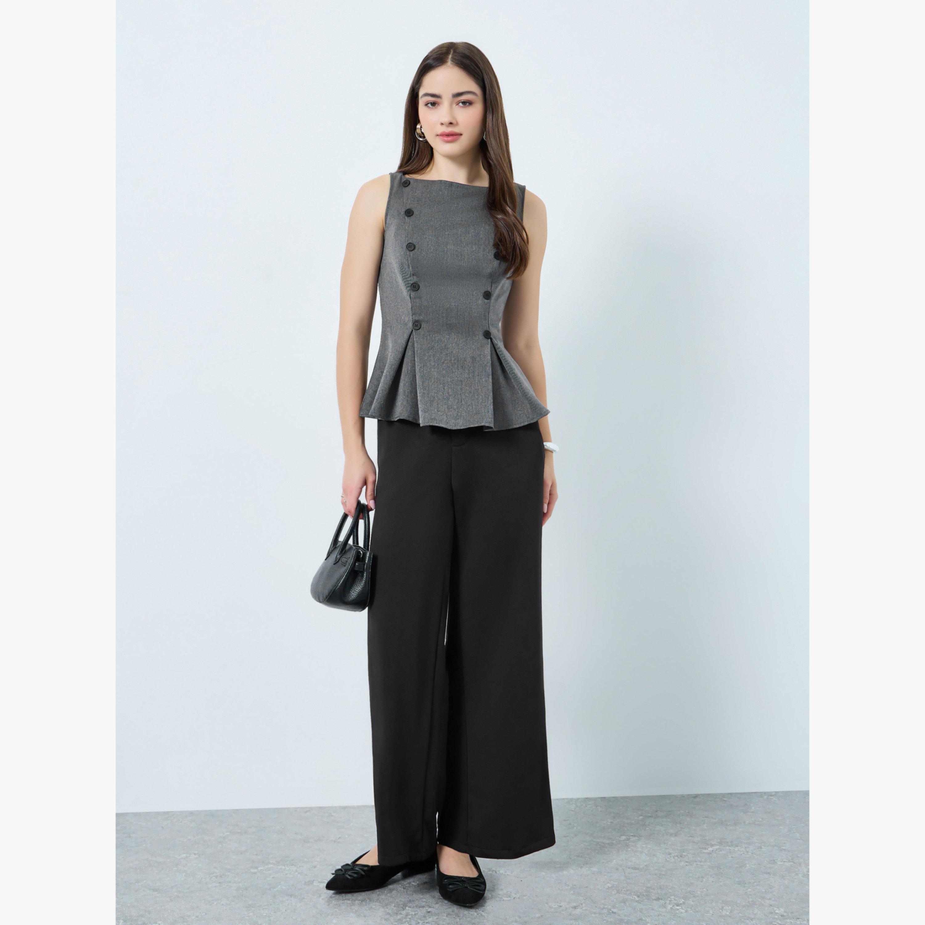 Styli Dark Grey Tailored Peplum Top with Button Detail-women-clothing-shirtsandblouses-blouses-image-2