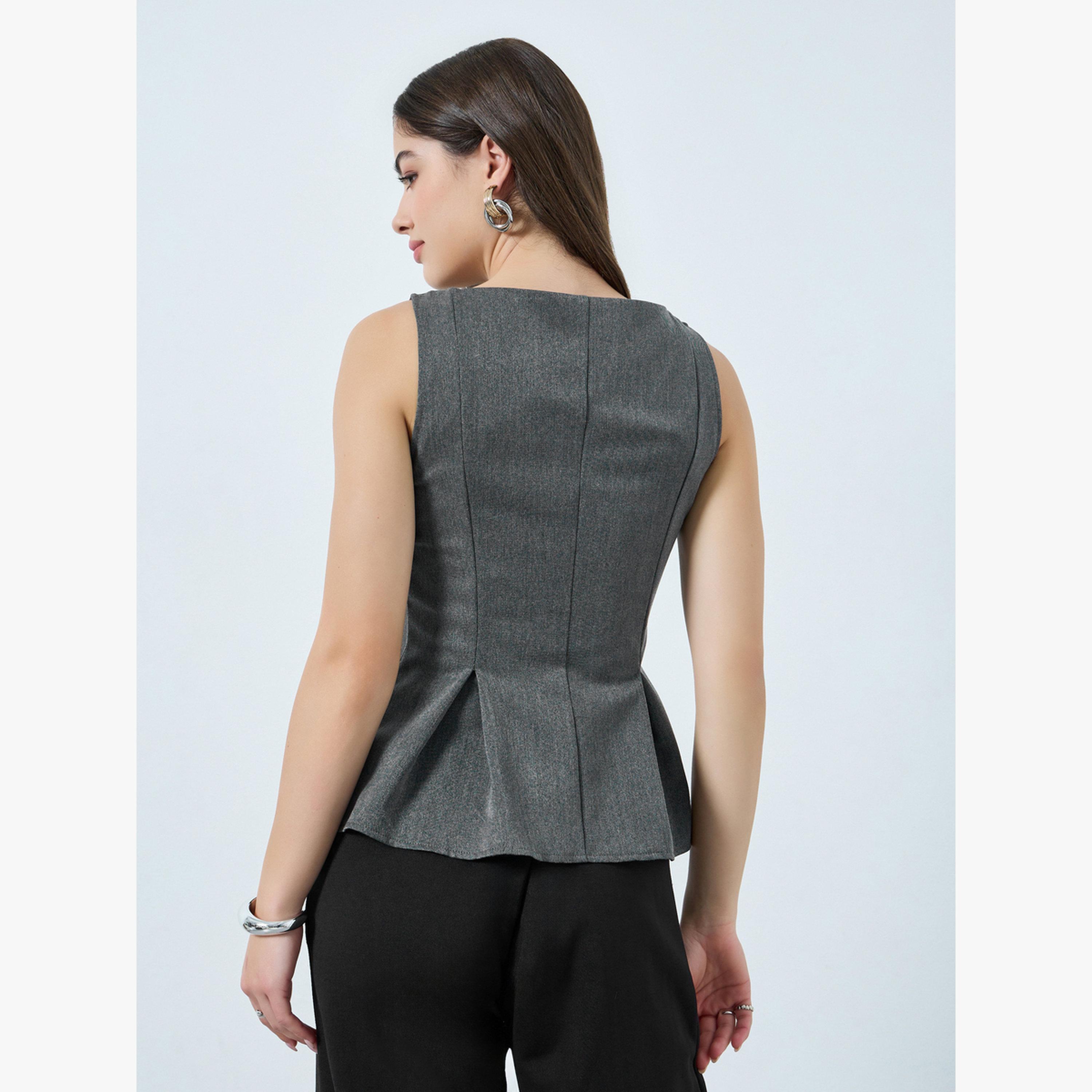 Styli Dark Grey Tailored Peplum Top with Button Detail-women-clothing-shirtsandblouses-blouses-image-4