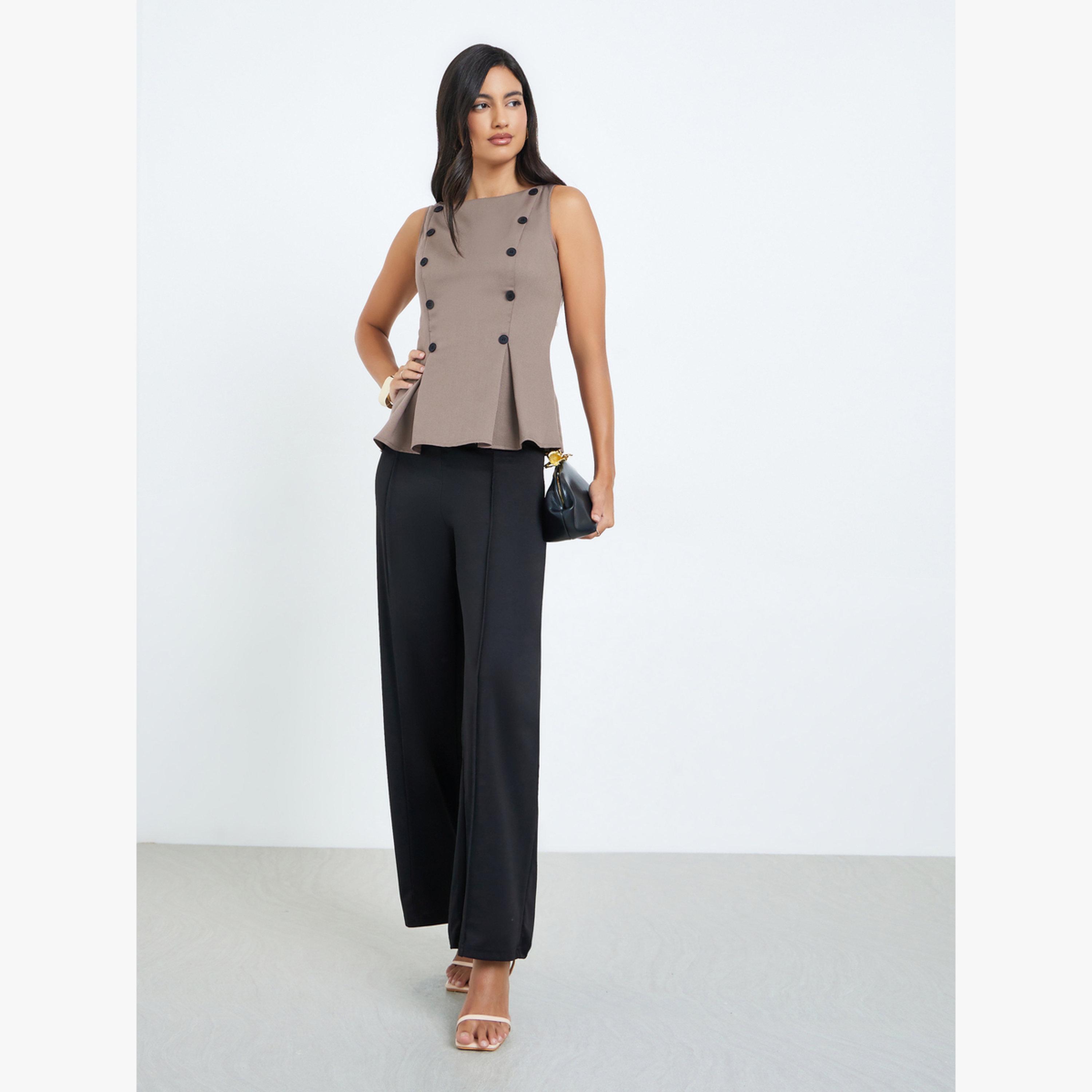 Styli Brown Tailored Peplum Top with Button Detail-women-clothing-shirtsandblouses-blouses-image-2