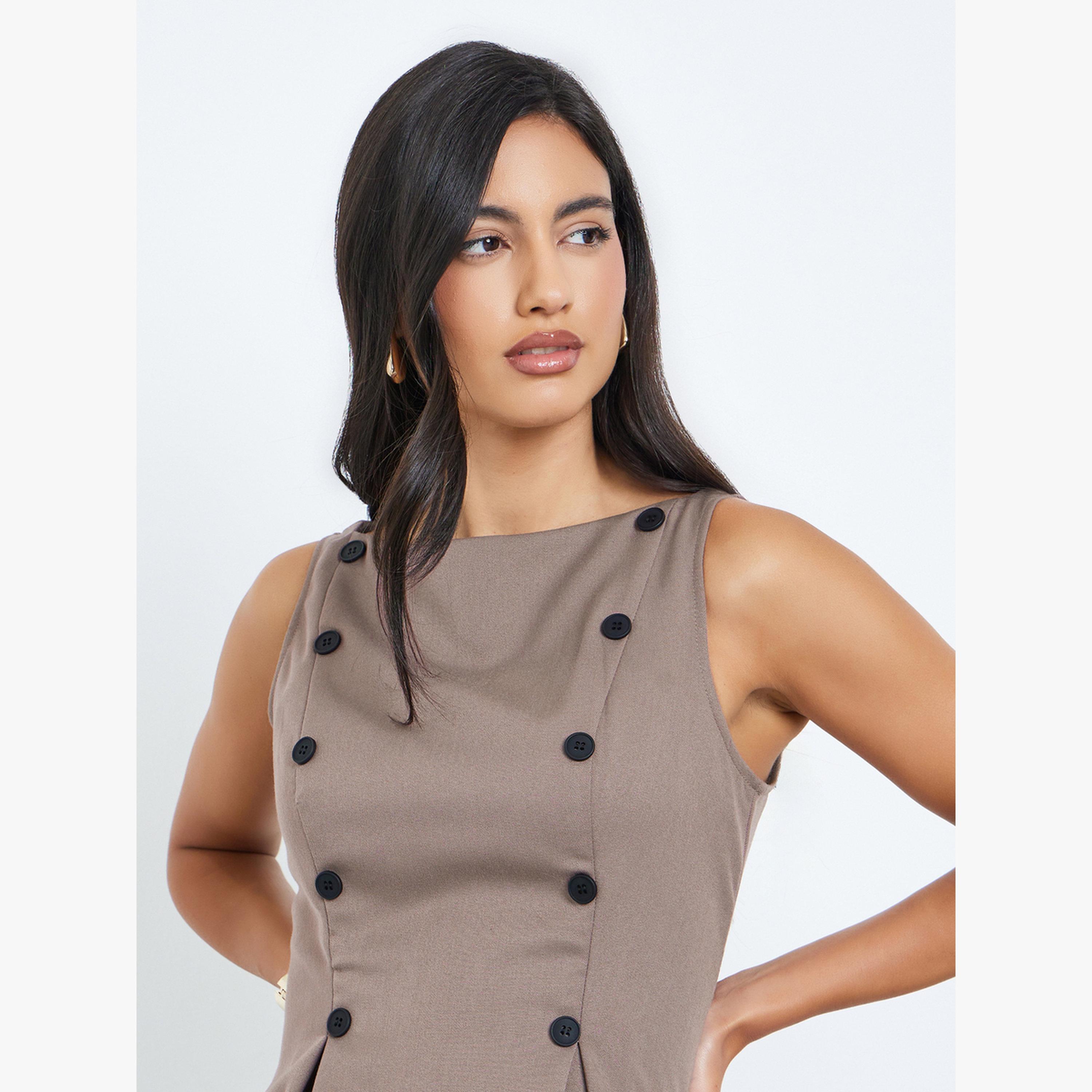 Styli Brown Tailored Peplum Top with Button Detail-women-clothing-shirtsandblouses-blouses-image-3