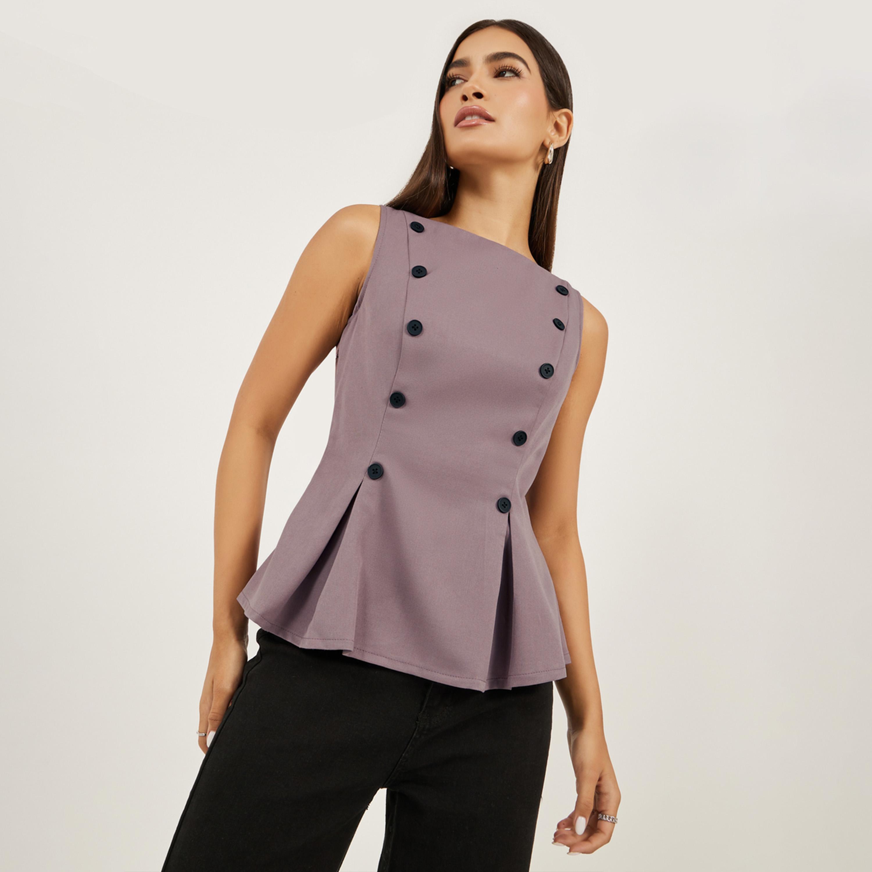 Styli Contrast Double Breasted Button Detail Peplum Top-women-clothing-shirtsandblouses-blouses-image-1