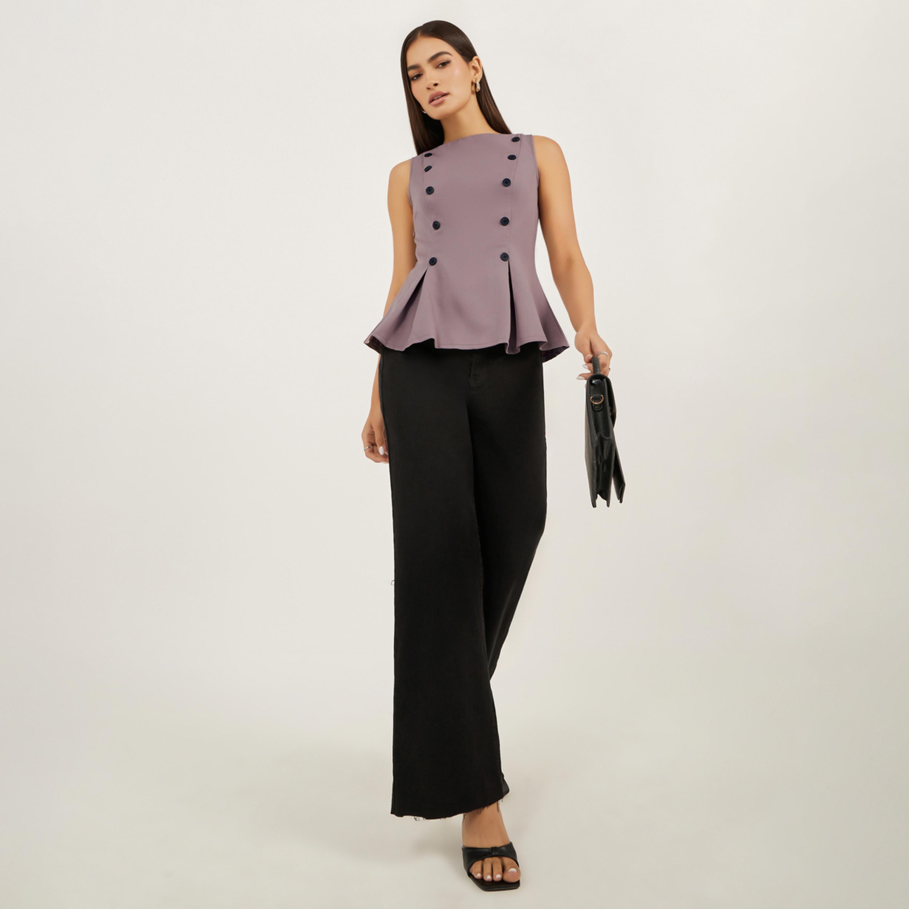 Styli Contrast Double Breasted Button Detail Peplum Top-women-clothing-shirtsandblouses-blouses-image-2