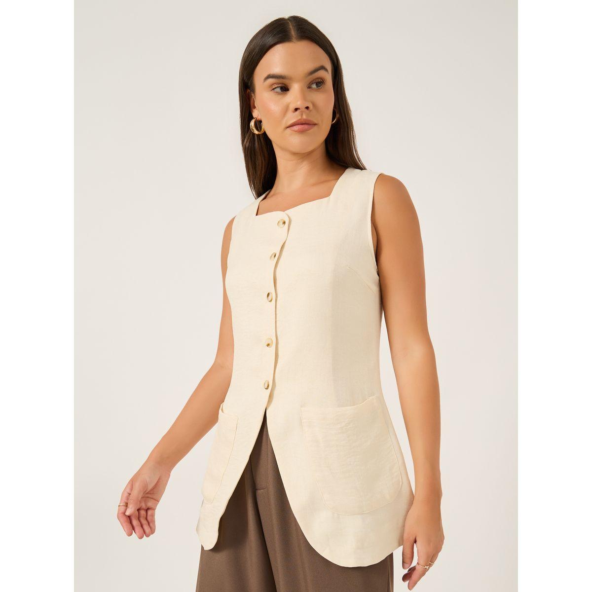 Styli Plain Linen Look Longline Waistcoat with Curved Hem-women-clothing-coatsandjackets-waistcoats-image-1