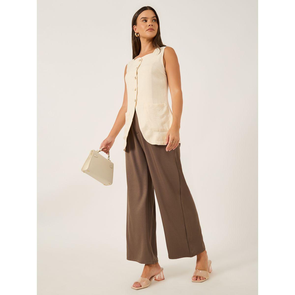 Styli Plain Linen Look Longline Waistcoat with Curved Hem-women-clothing-coatsandjackets-waistcoats-image-2