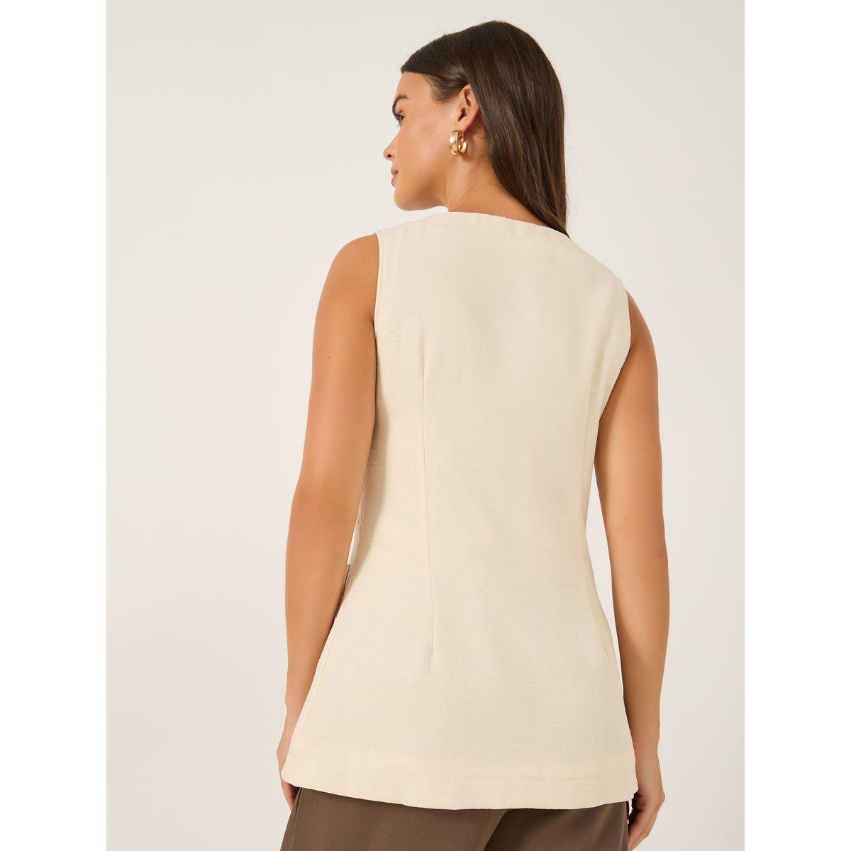 Styli Plain Linen Look Longline Waistcoat with Curved Hem-women-clothing-coatsandjackets-waistcoats-image-4