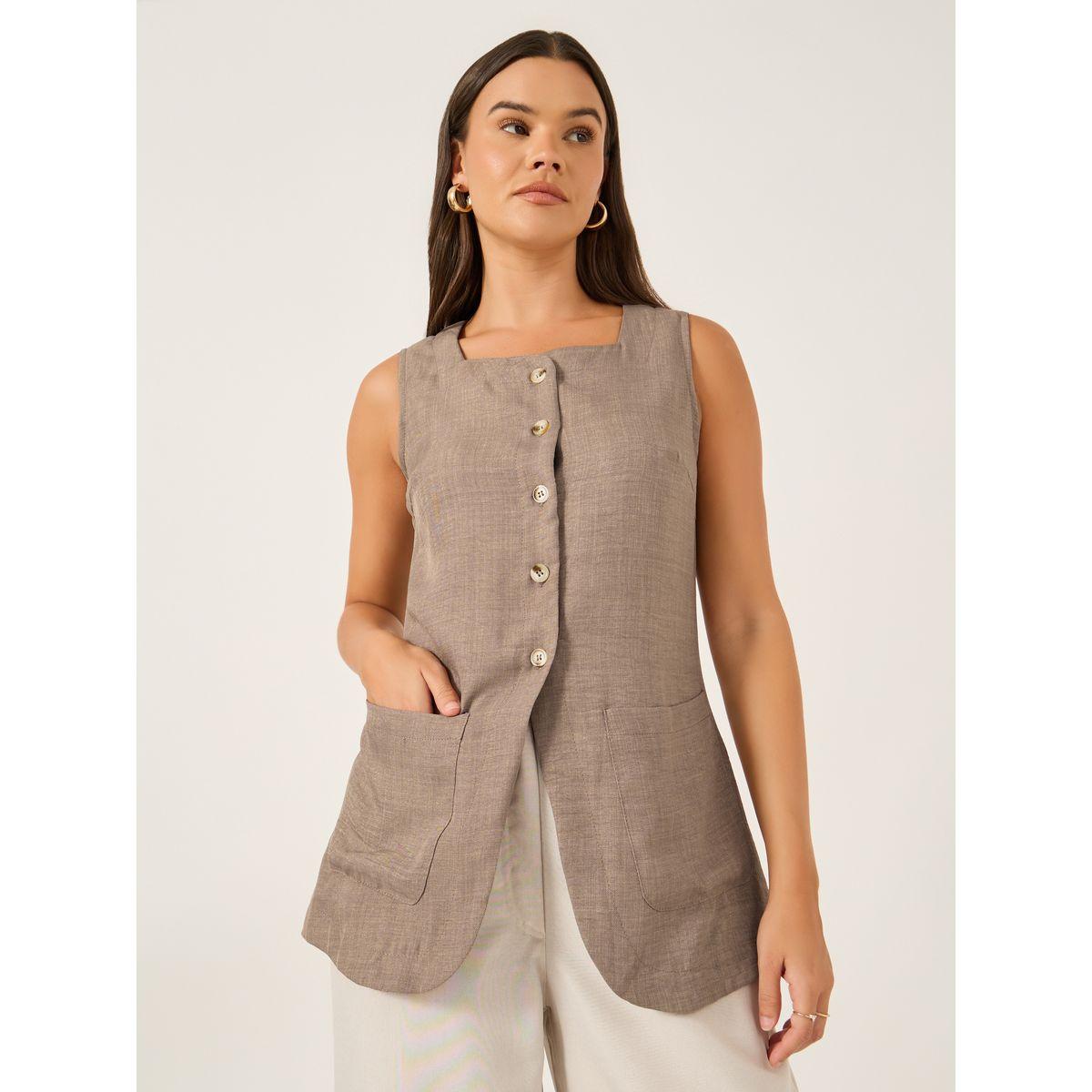 Styli Plain Linen Look Longline Waistcoat with Curved Hem-women-clothing-coatsandjackets-waistcoats-image-1