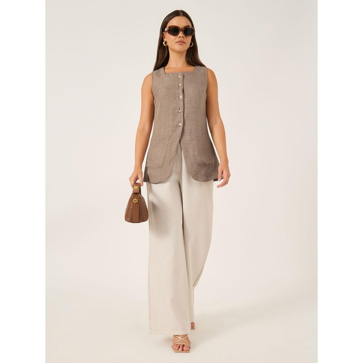 Styli Plain Linen Look Longline Waistcoat with Curved Hem-women-clothing-coatsandjackets-waistcoats-image-2