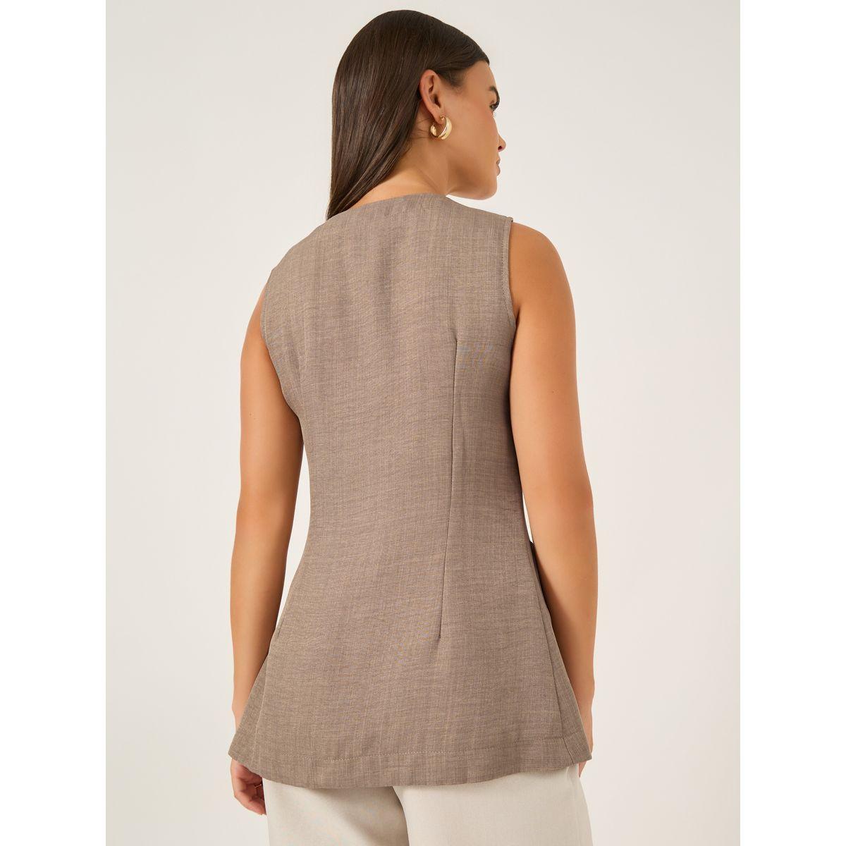 Styli Plain Linen Look Longline Waistcoat with Curved Hem-women-clothing-coatsandjackets-waistcoats-image-4