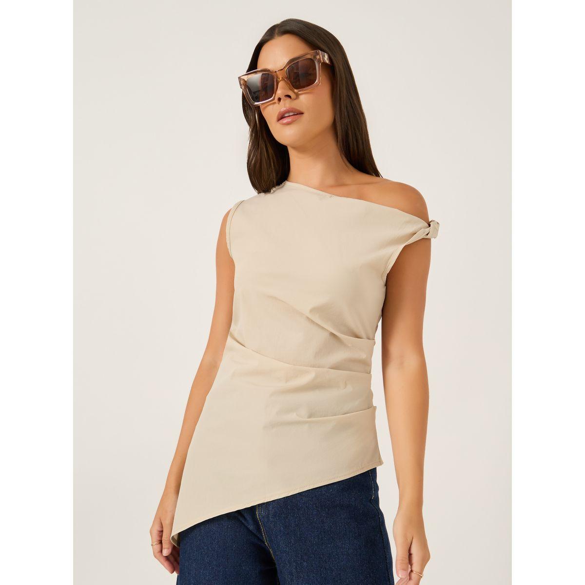 بلوزة سادة بلا أكمام مع حافة غير متماثلة الطول-women-clothing-shirtsandblouses-blouses-image-1