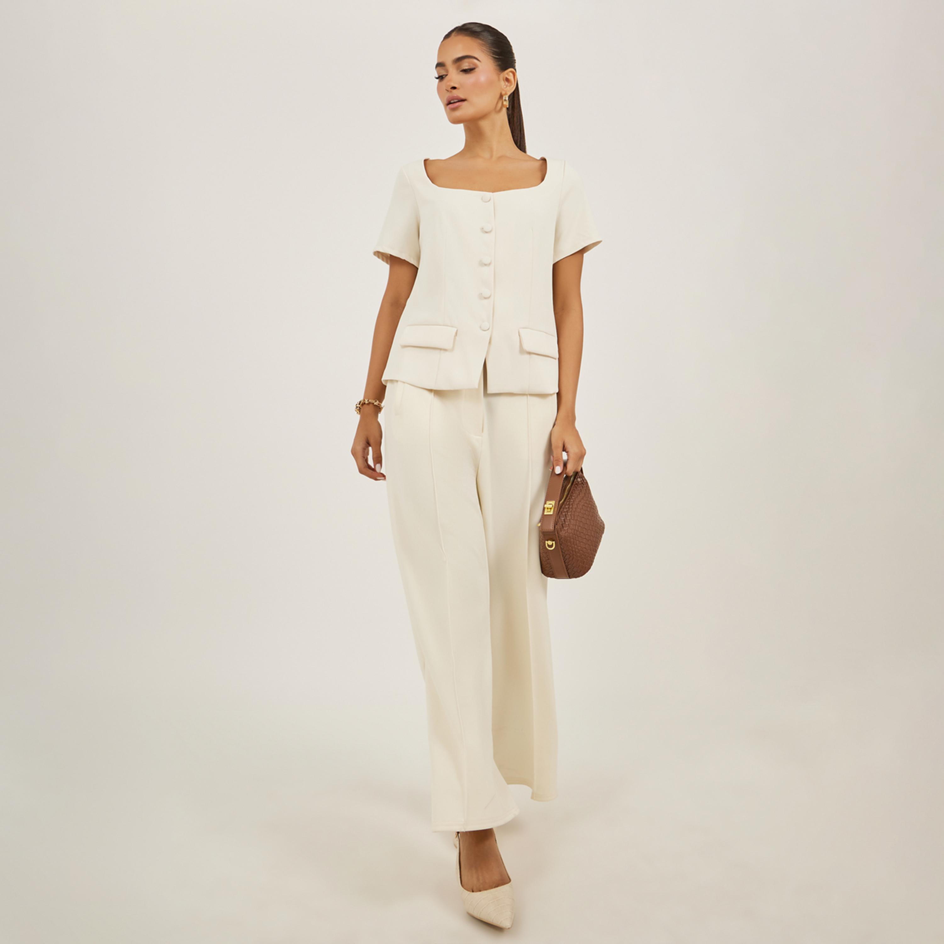 ستايلي - بلوزة سادة بياقة مربعة وتفاصيل جيوب-women-clothing-shirtsandblouses-blouses-image-2