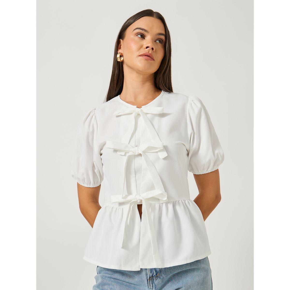 بلوزة بيبلوم سادة بأكمام منفوخة وأربطة-women-clothing-shirtsandblouses-blouses-image-1