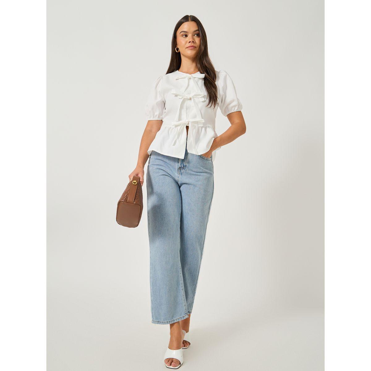 Styli Plain Puff Sleeves Peplum Top with Tie Detail-women-clothing-shirtsandblouses-blouses-image-2