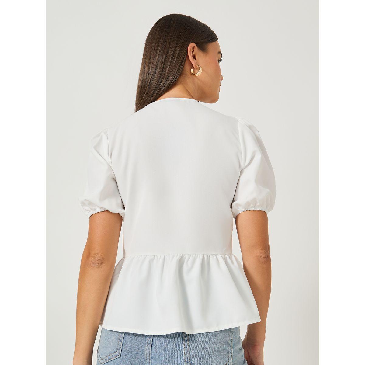بلوزة بيبلوم سادة بأكمام منفوخة وأربطة-women-clothing-shirtsandblouses-blouses-image-4