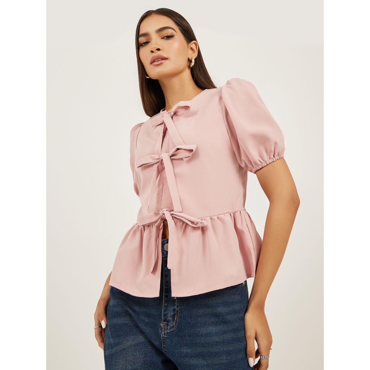 Styli Plain Puff Sleeves Peplum Top with Tie Detail-women-clothing-shirtsandblouses-blouses-image-1