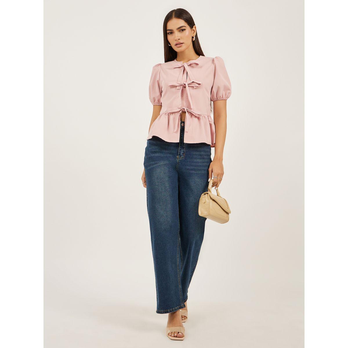 بلوزة بيبلوم سادة بأكمام منفوخة وأربطة-women-clothing-shirtsandblouses-blouses-image-2