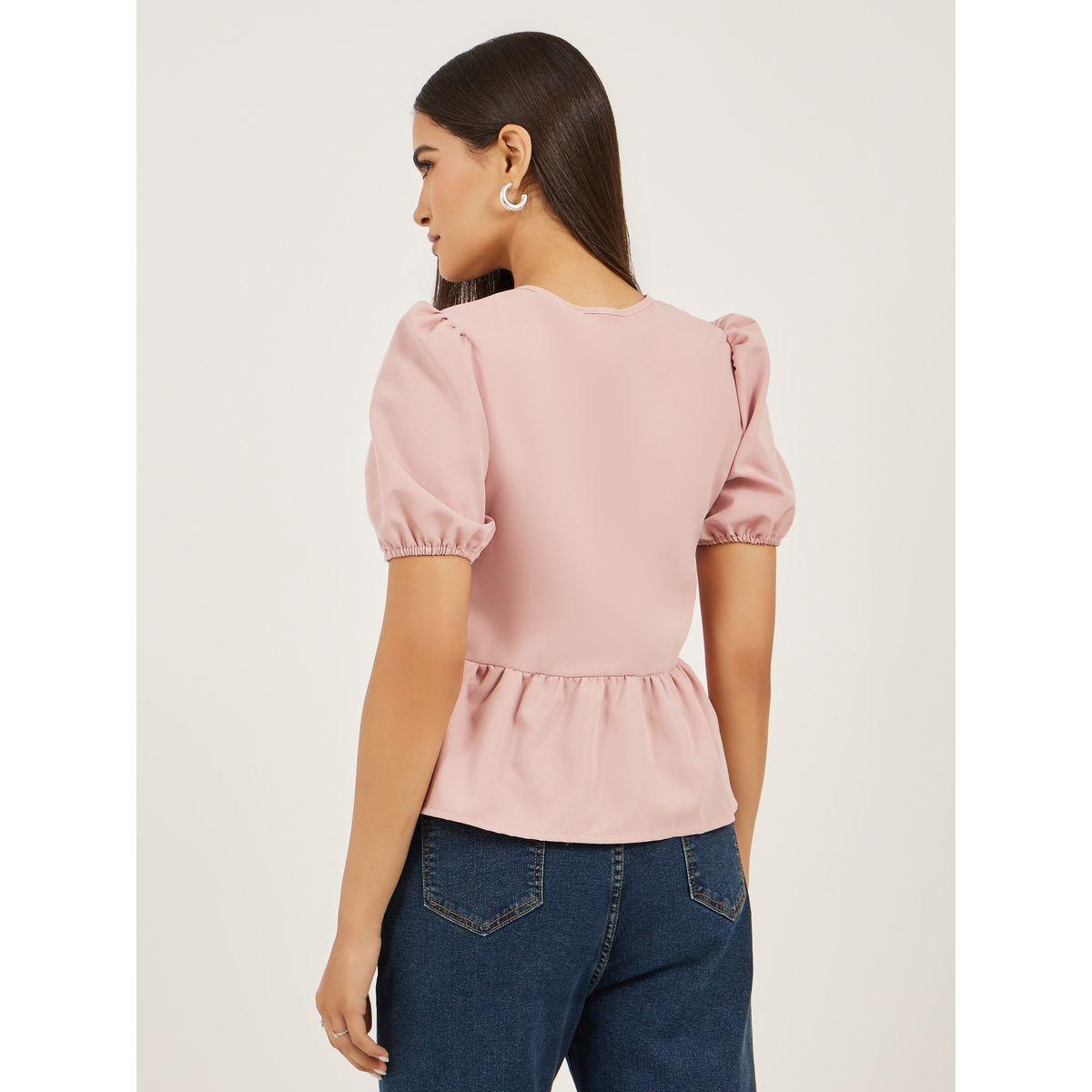 بلوزة بيبلوم سادة بأكمام منفوخة وأربطة-women-clothing-shirtsandblouses-blouses-image-4