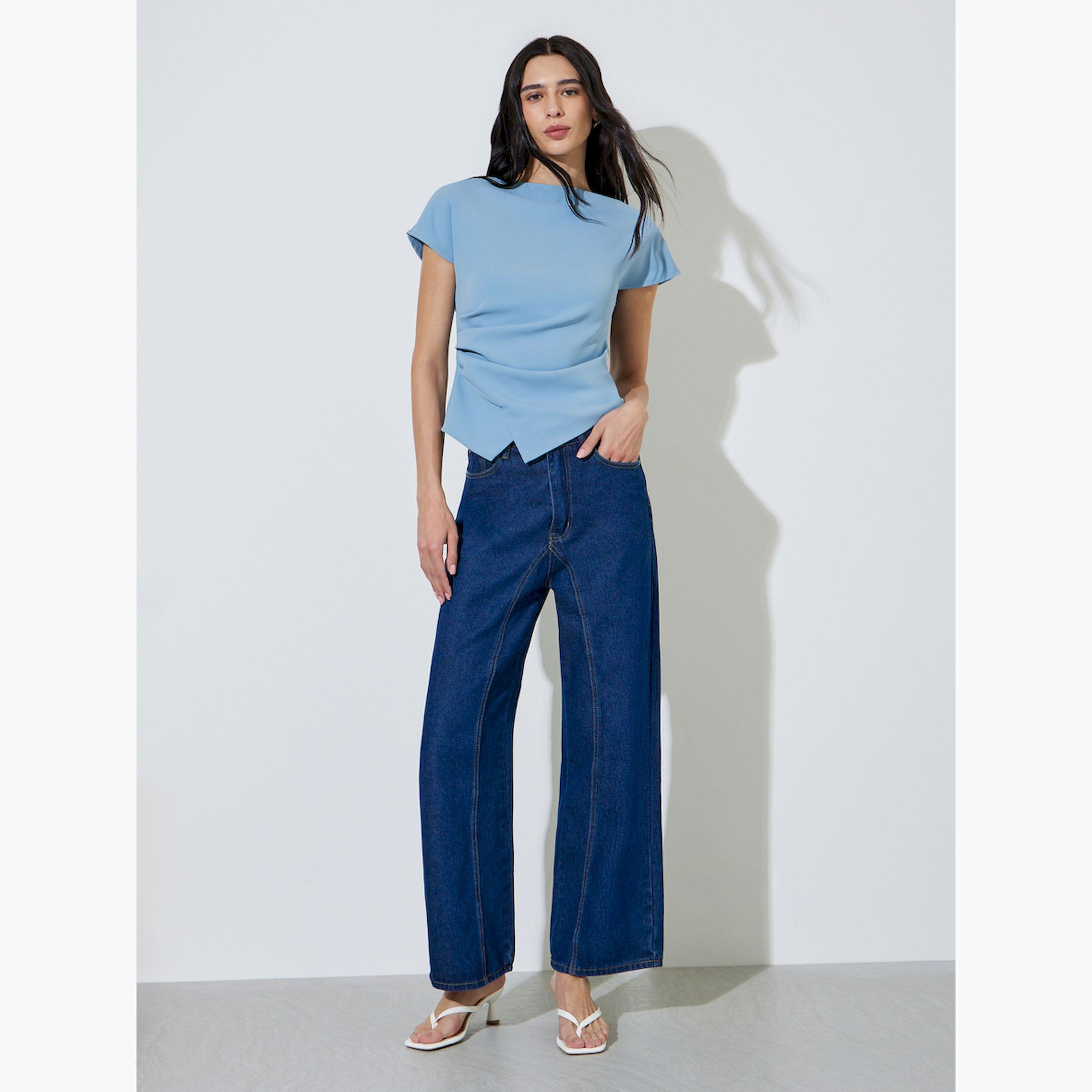 Styli Blue Asymmetric Hem Solid Blouse-women-clothing-shirtsandblouses-blouses-image-2