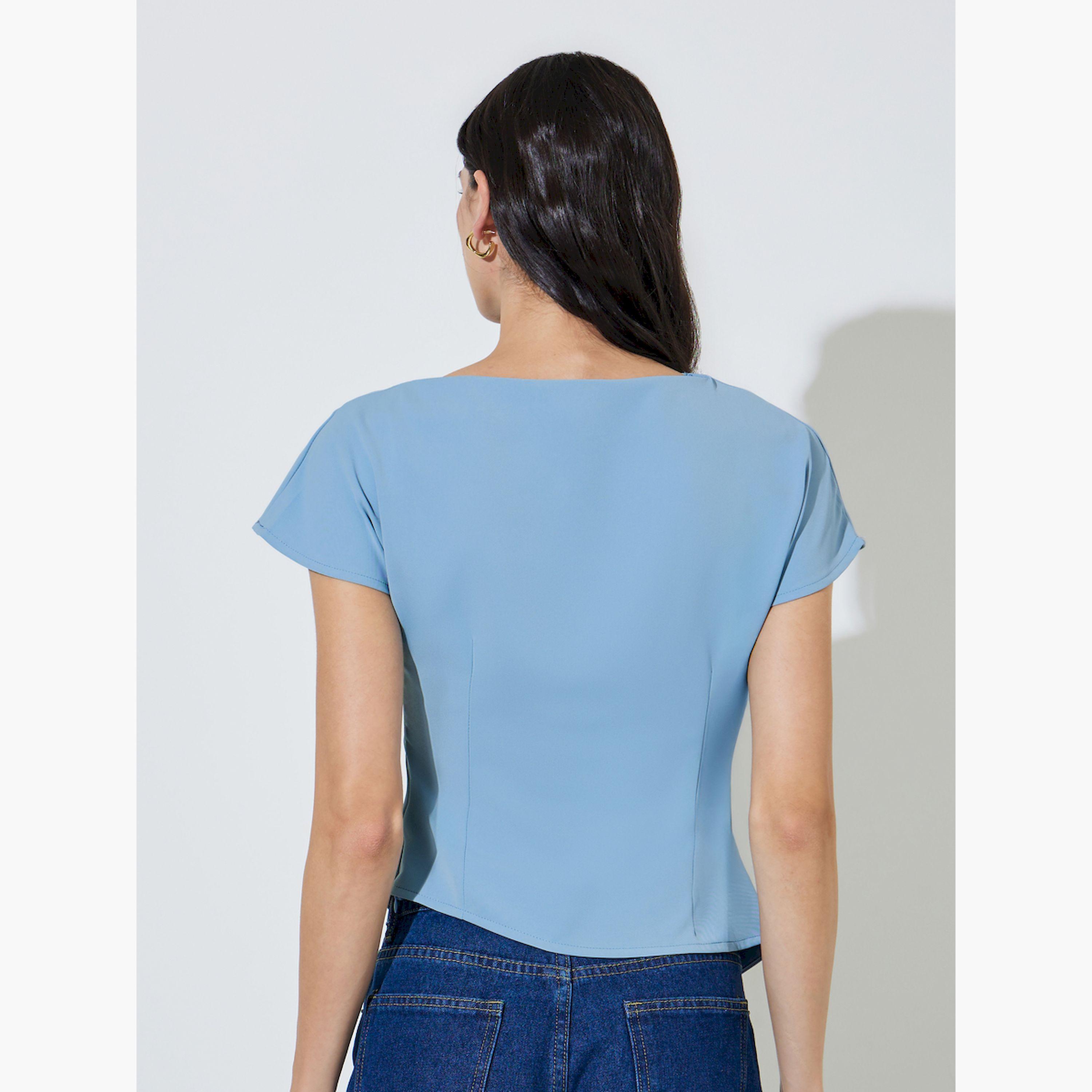 Styli Blue Asymmetric Hem Solid Blouse-women-clothing-shirtsandblouses-blouses-image-3
