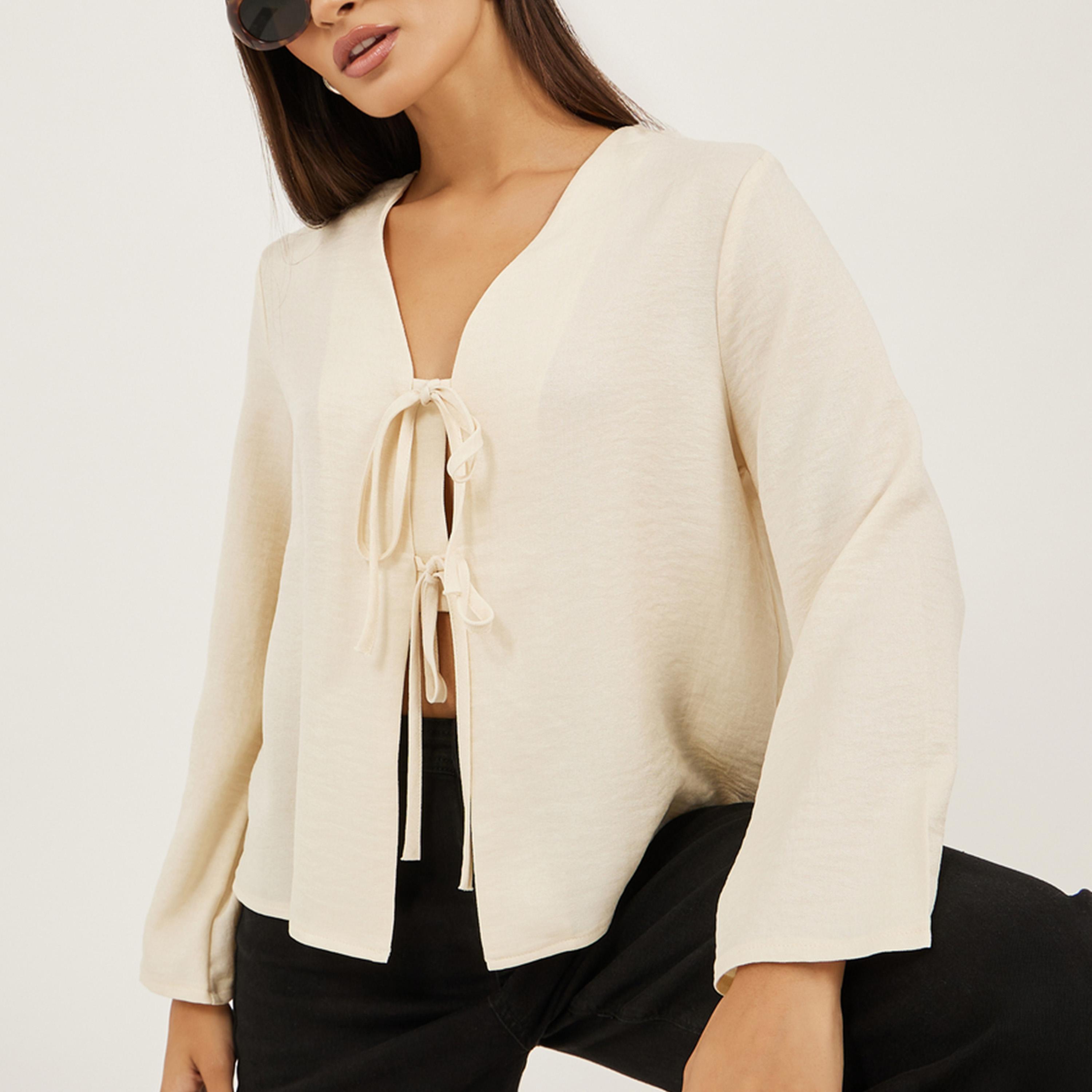 Styli Plain V Neck Linen Look Top with Tie Detail-women-clothing-shirtsandblouses-blouses-image-1