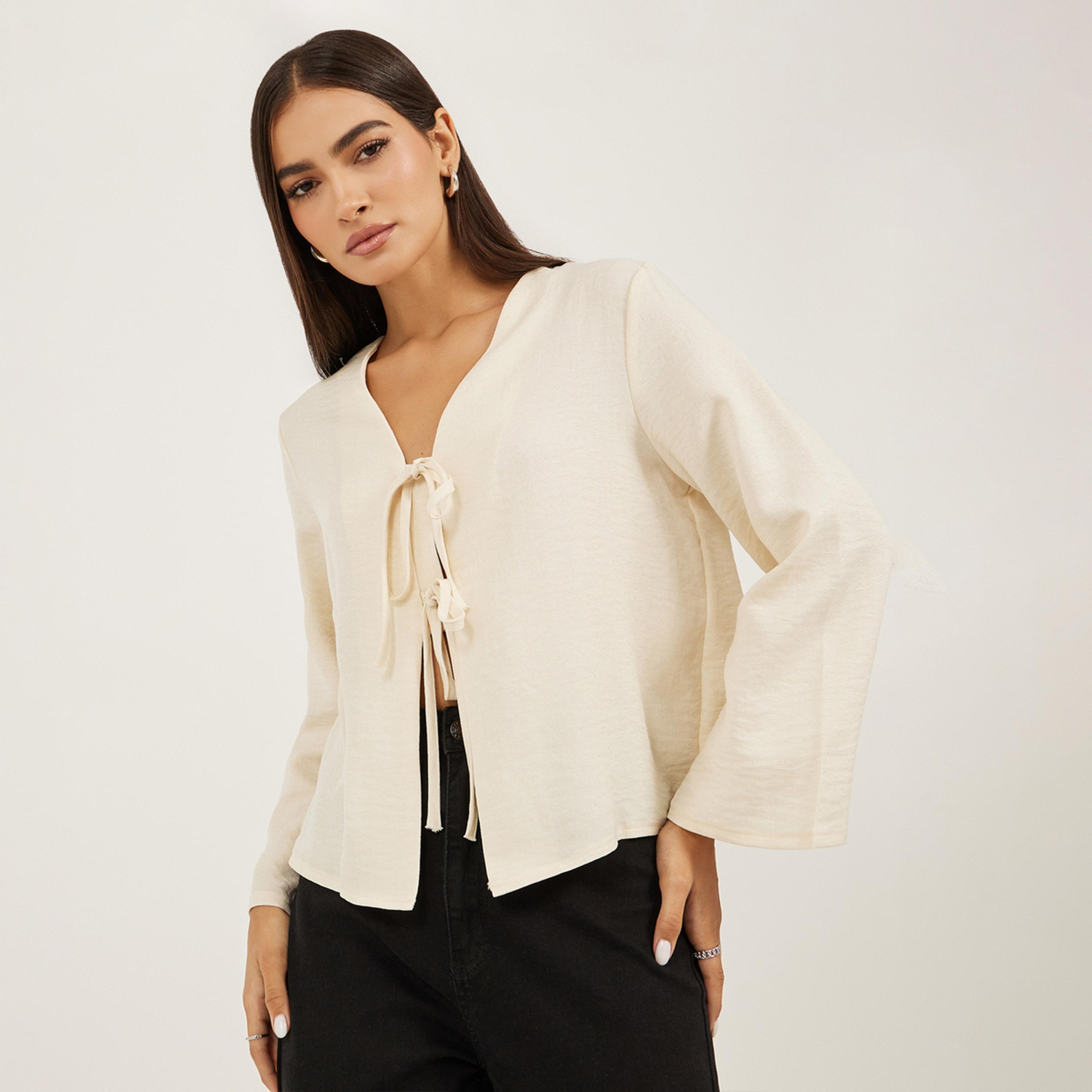 ستايلي - بلوزة سادة من الكتان بفتحة رقبة V مع عنق مربوط-women-clothing-shirtsandblouses-blouses-image-3