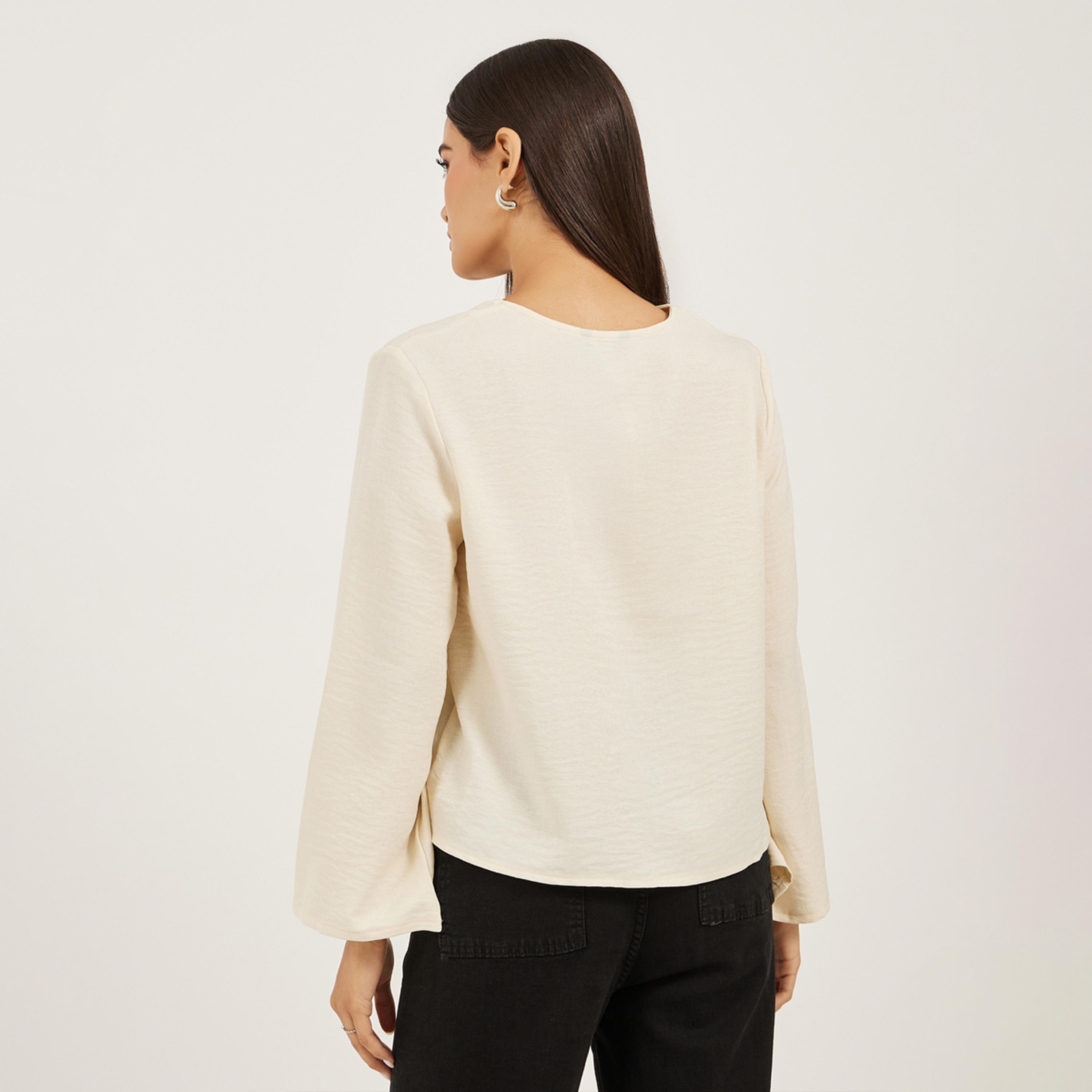 ستايلي - بلوزة سادة من الكتان بفتحة رقبة V مع عنق مربوط-women-clothing-shirtsandblouses-blouses-image-5