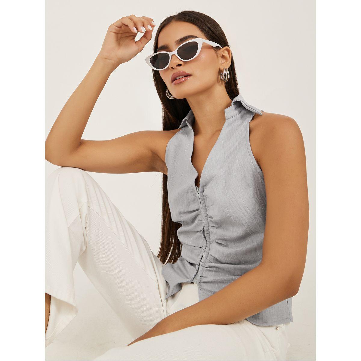 Styli Sleeveless Spread Collar Shirt with Ruched Details-women-clothing-shirtsandblouses-shirts-image-1